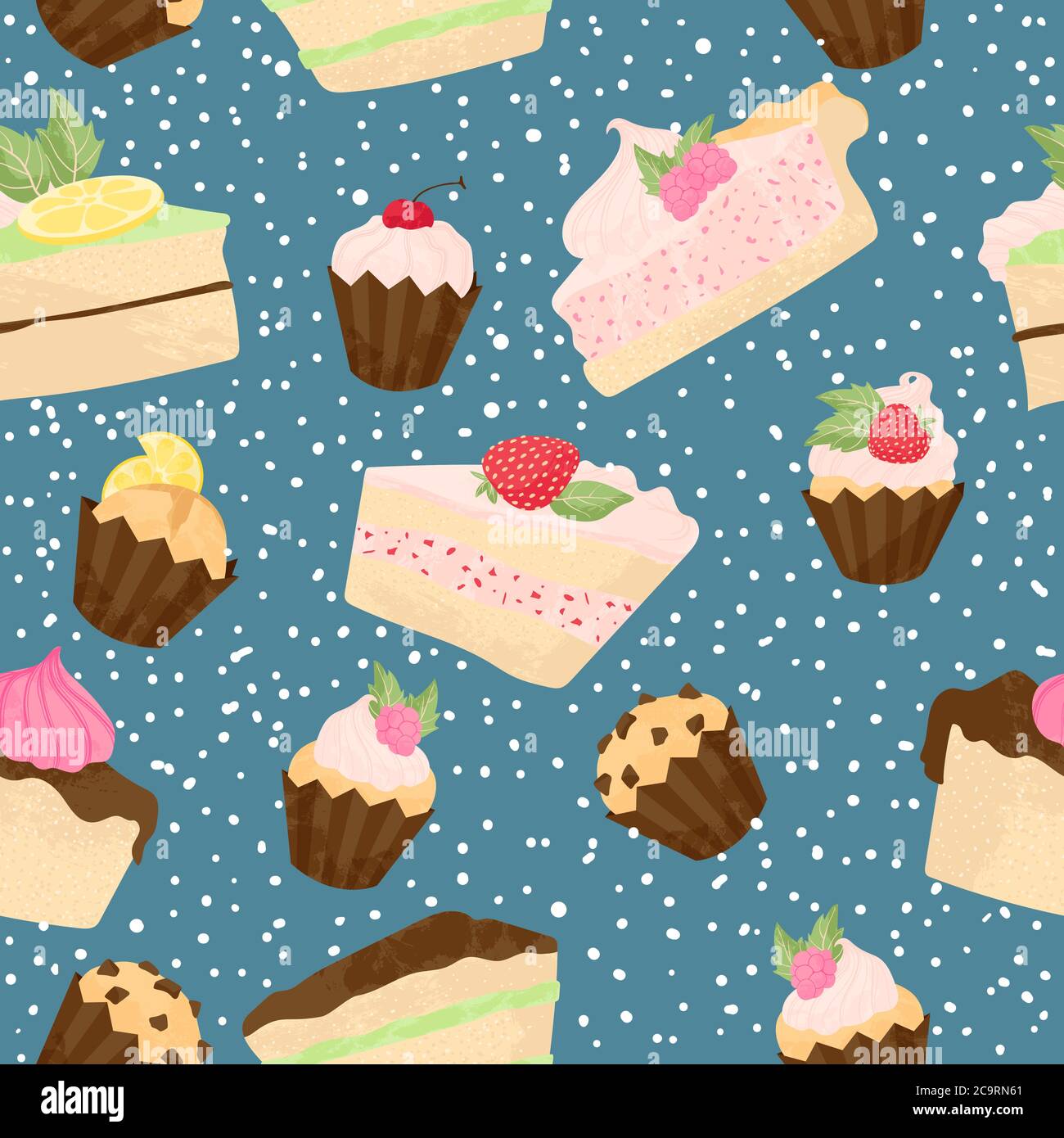 Vector pastry seamless pattern with cakes, profiterole, muffins, cupcakes and eclair with chocolate, fruits and berries. Hand drawn sweet bakery produ Stock Vector