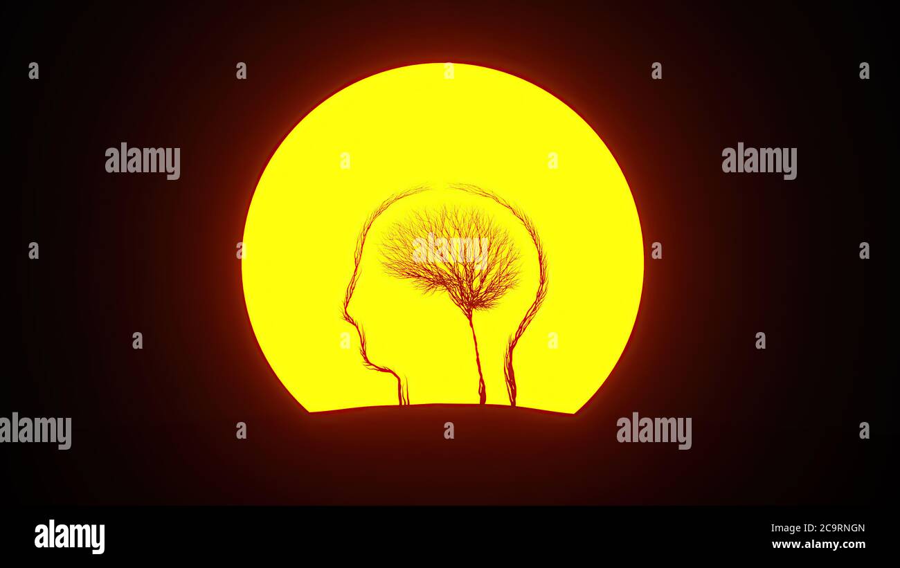 Silhouette of growing tree in a shape of human brain inside a head. Eco ...