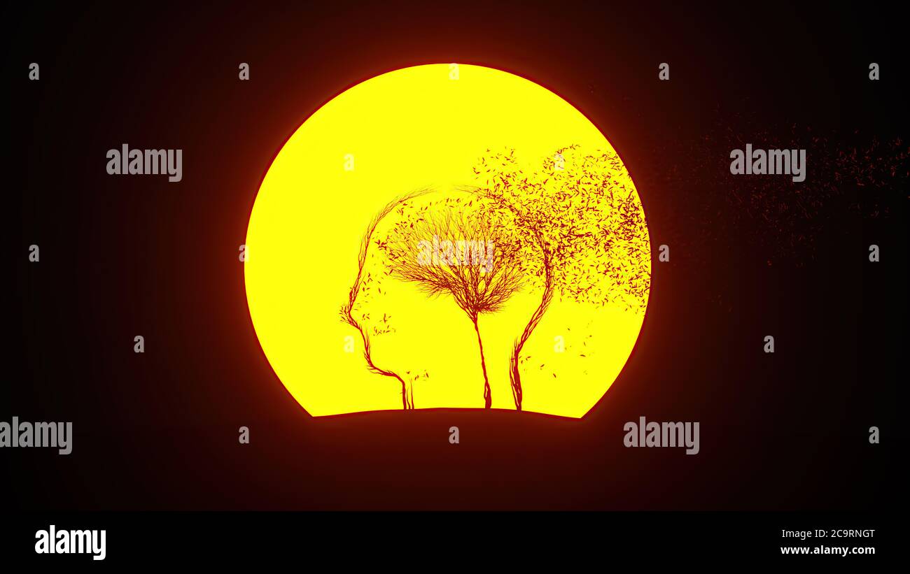 Silhouette of growing tree in a shape of human brain inside a head. Eco ...
