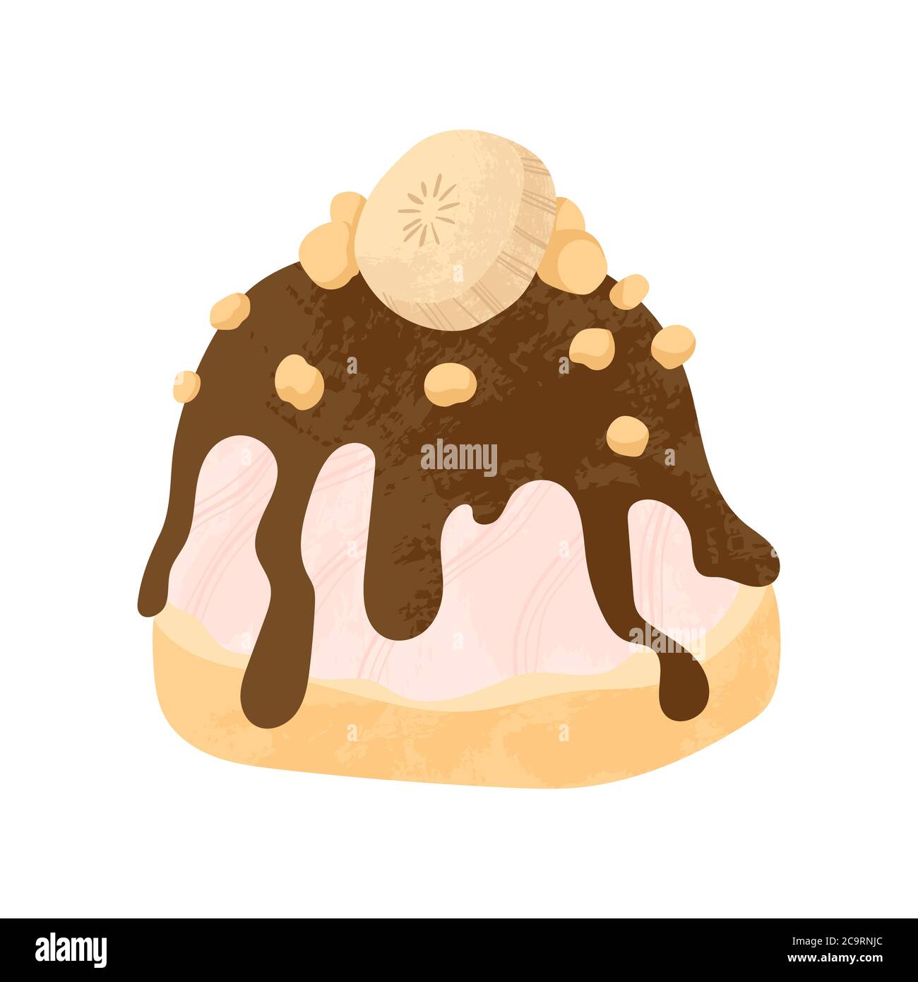 Chocolate dessert with whipped cream, banana fruits and caramel vector