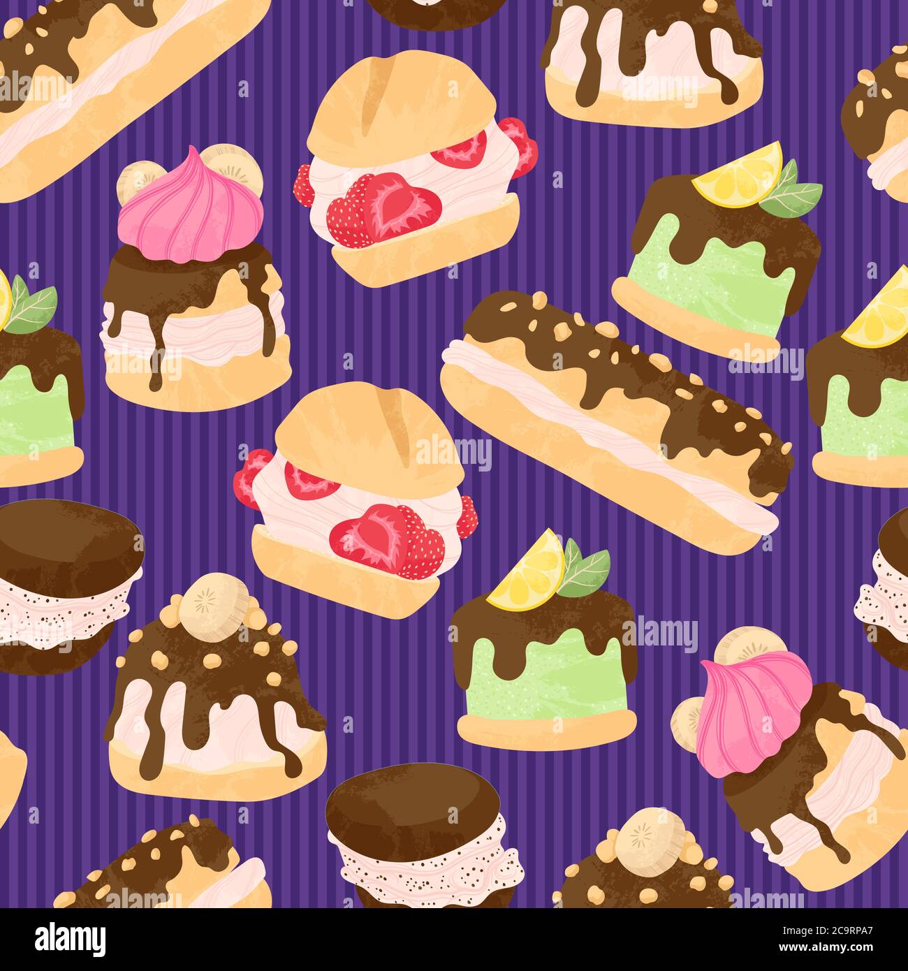 Various cake, eclair and profiterole vector seamless pattern in flat cartoons style.  Cute colorful dessert with chocolate, berries and fruits on blue Stock Vector