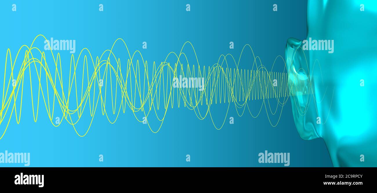 Human ear with incoming vibrations in different frequencies - 3d