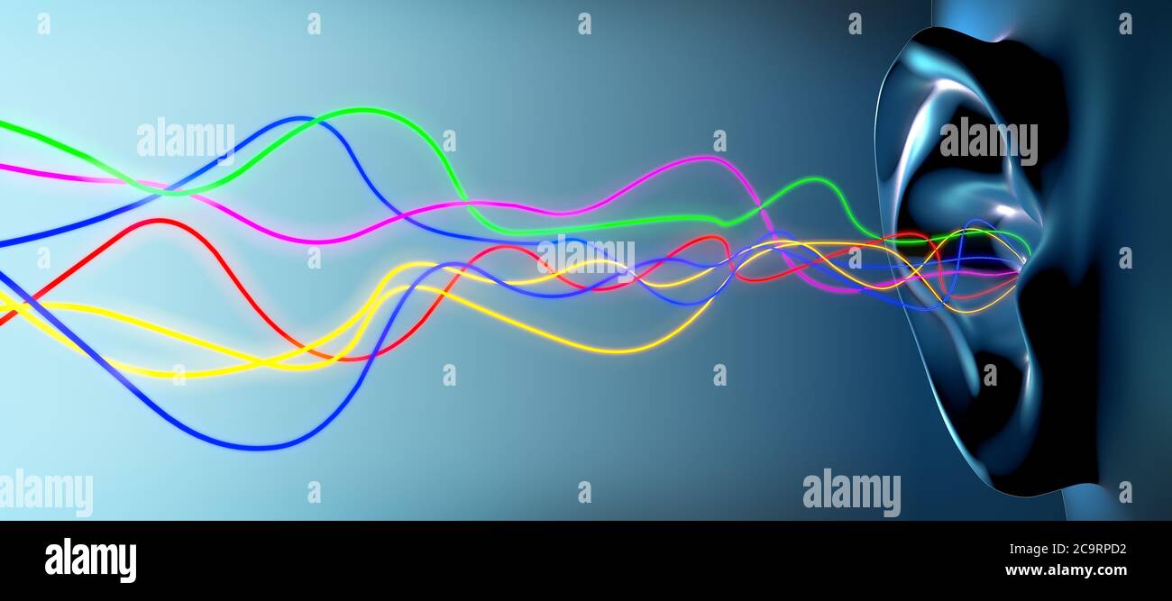Human ear with incoming vibrations in different frequencies - 3d illustration Stock Photo