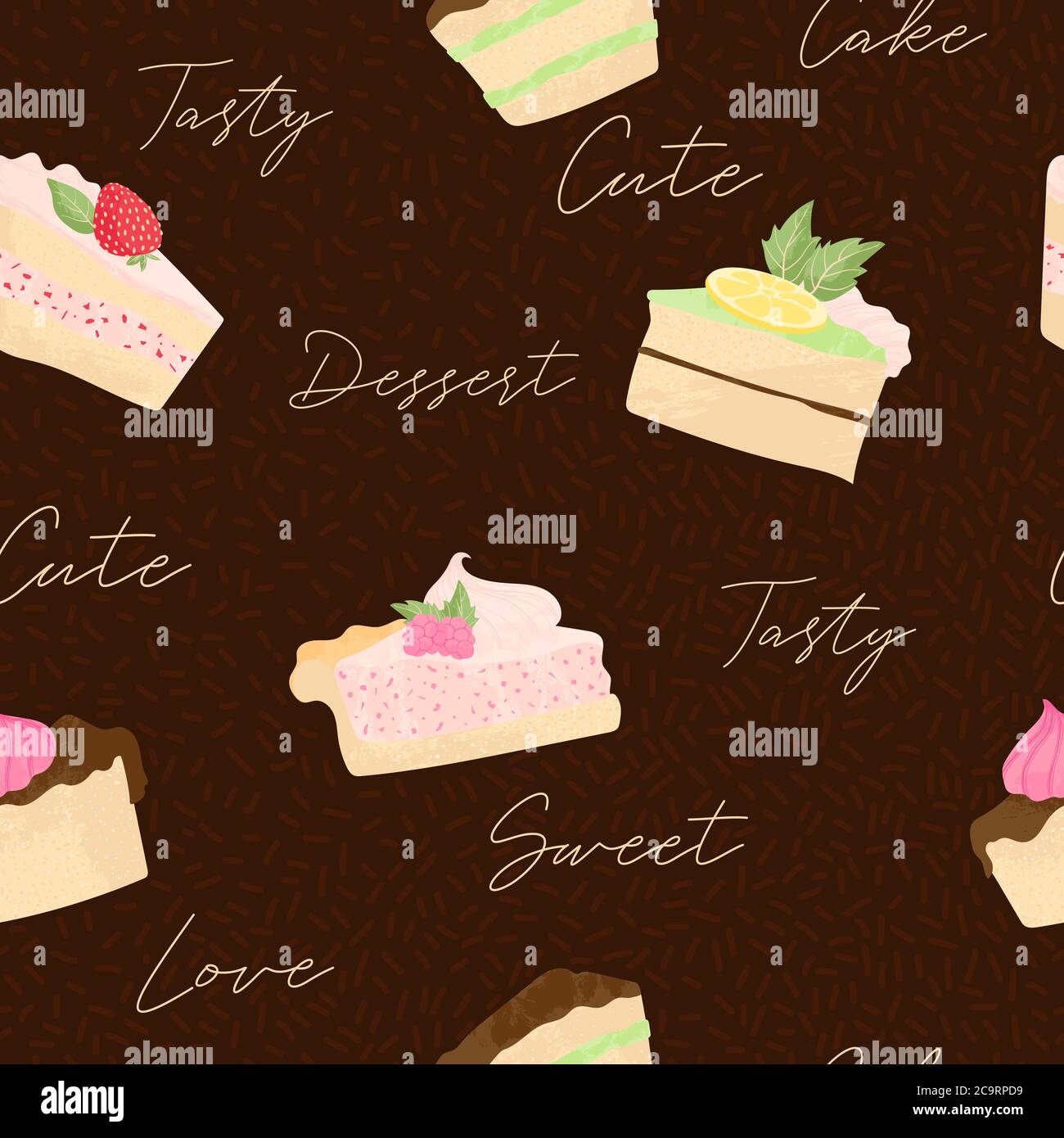 Various piece of cake and cheesecake vector seamless pattern in flat cartoons style. Happy birthday cake background with fruits and berries. Cute colo Stock Vector