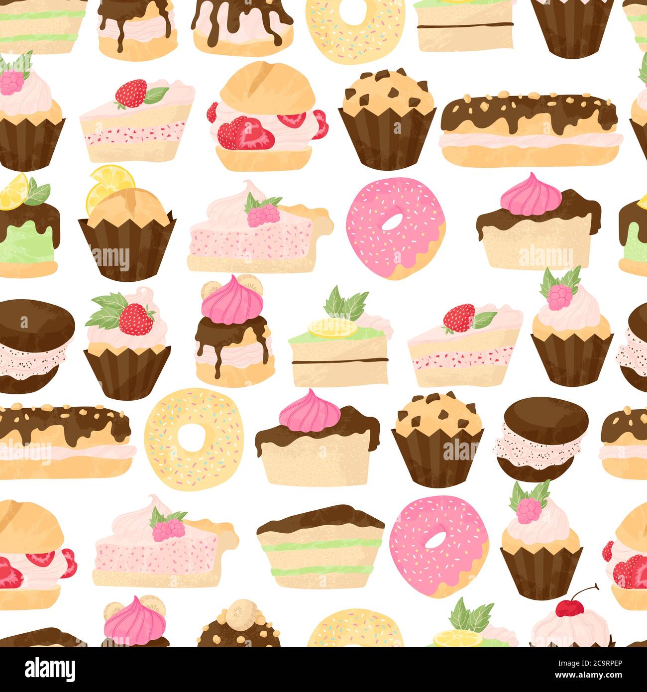 Vector pastry seamless pattern with cakes, pies, profiterole, muffins, cupcakes and eclair with chocolate, fruits and berries. Hand drawn sweet bakery Stock Vector
