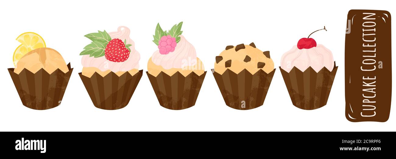 Set of different cupcakes with strawberries, cherry, chocolate and whipped cream. Cute desserts collection. Vector illustration flat cartoons design, Stock Vector