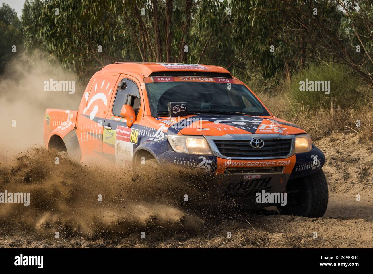 The Toyota pick-up of Marcos de Moraes and Fábio Pedroso races near Alter do Chão, Portugal, during the 30th Baja TT Portalegre off-road competition. Stock Photo