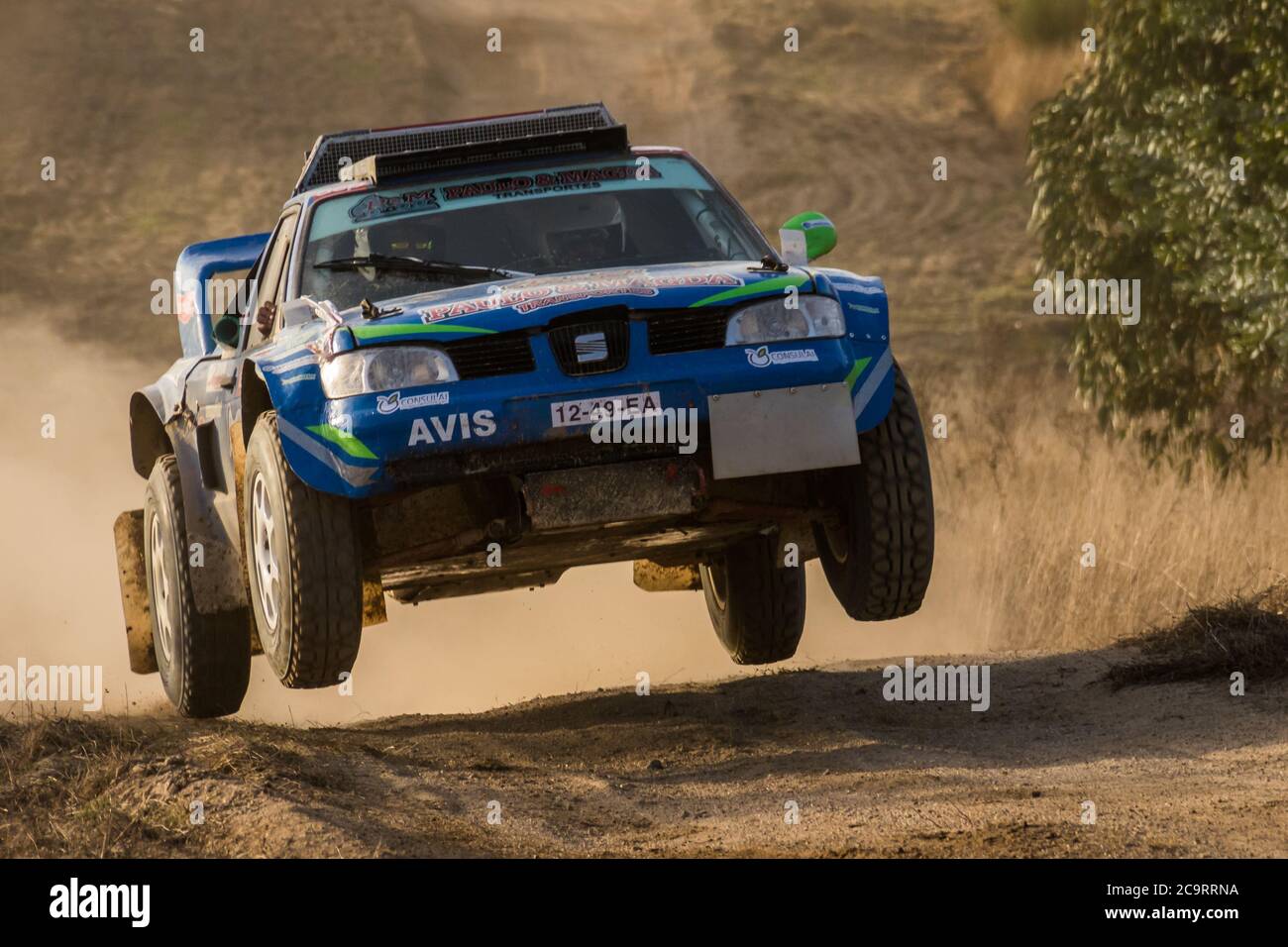 The Seat of Diogo Vieira & Paulo Correia makes a jump near Alter do Chão, Portugal, during the 30th Baja TT Portalegre off-road competition. Stock Photo