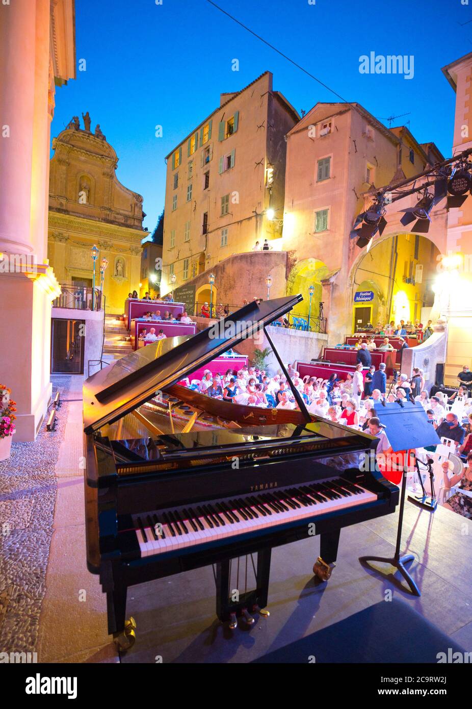 Menton, France. 01st Aug, 2020. Menton, France - August 01, 2020: The 71st  Festival de Musique Menton/Classical Music Festival at the Parvis de la  Basilique, Musikfestival, Musik, Vacation, Concert, Konzert, Church, Kirche,