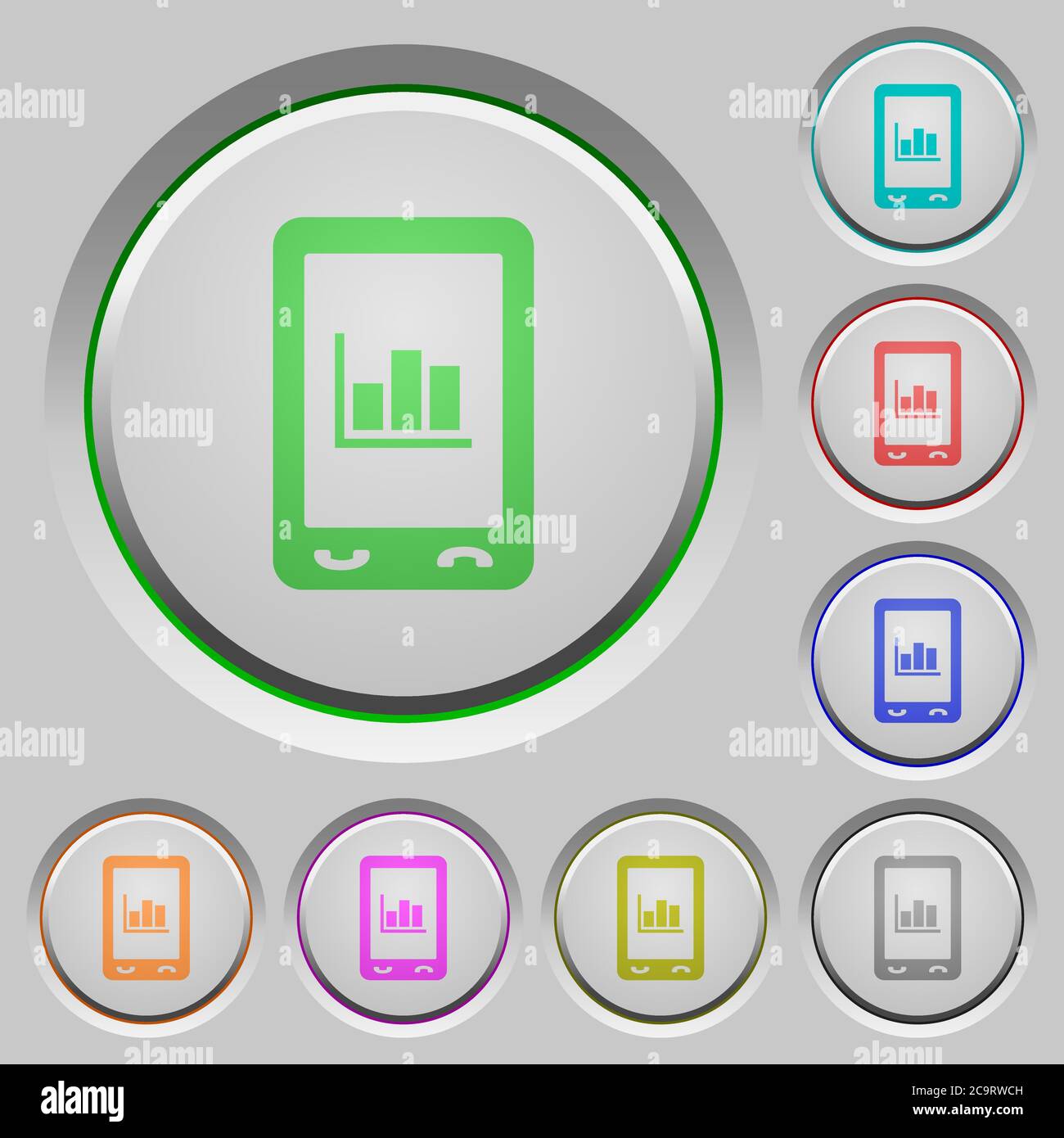 Mobile statistics color icons on sunk push buttons Stock Vector