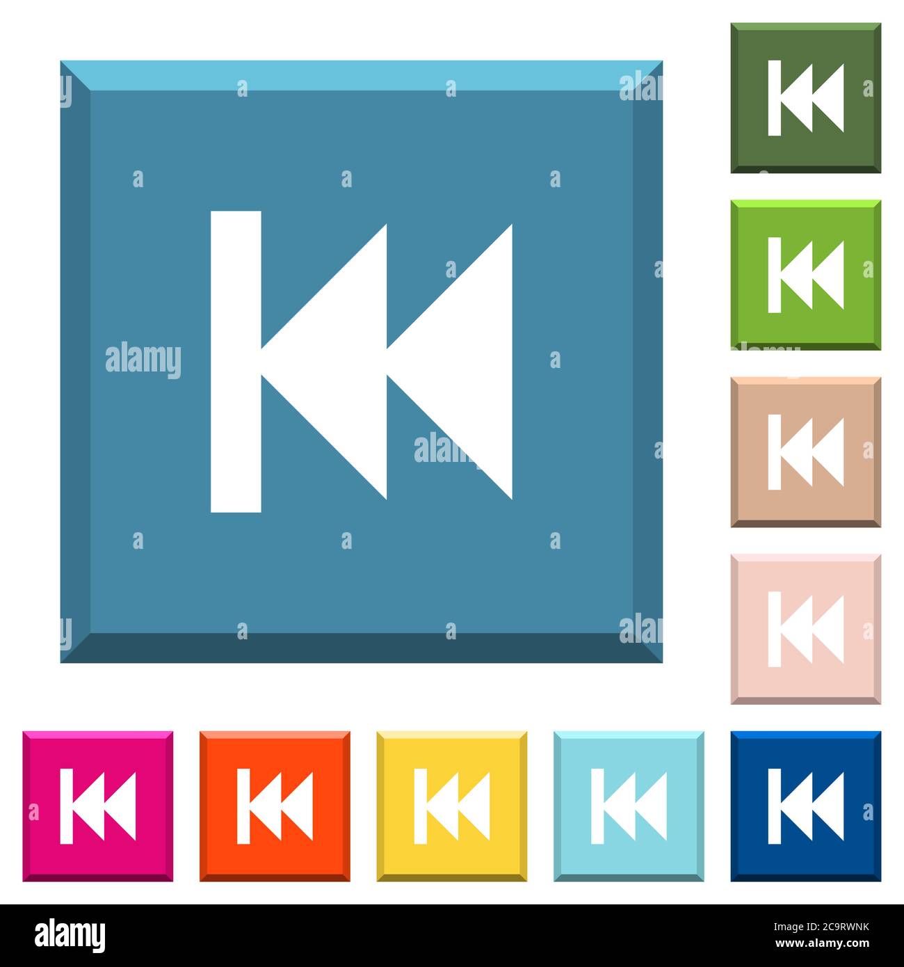 Media fast backward white icons on edged square buttons in various ...