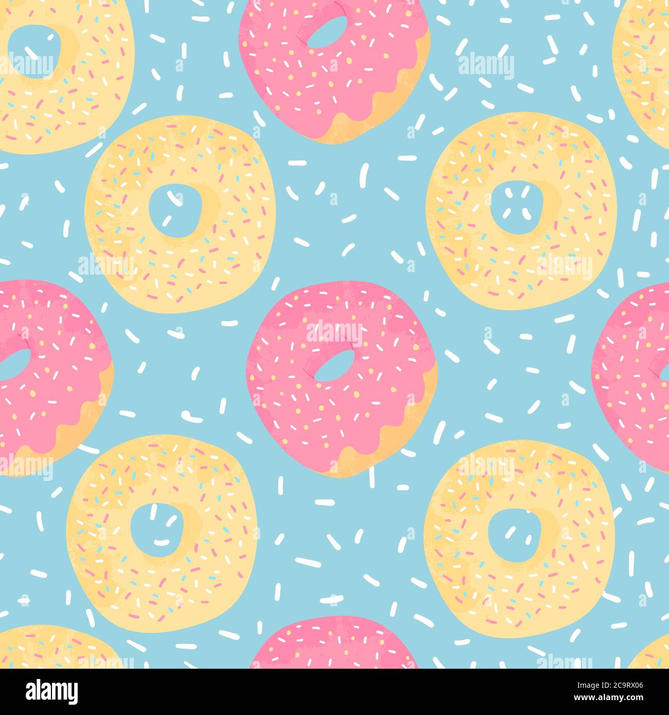 Donuts seamless pattern on blue background with white spotted. Desserts vector background  in flat cartoons style. Colorful design for textile, wallpa Stock Vector