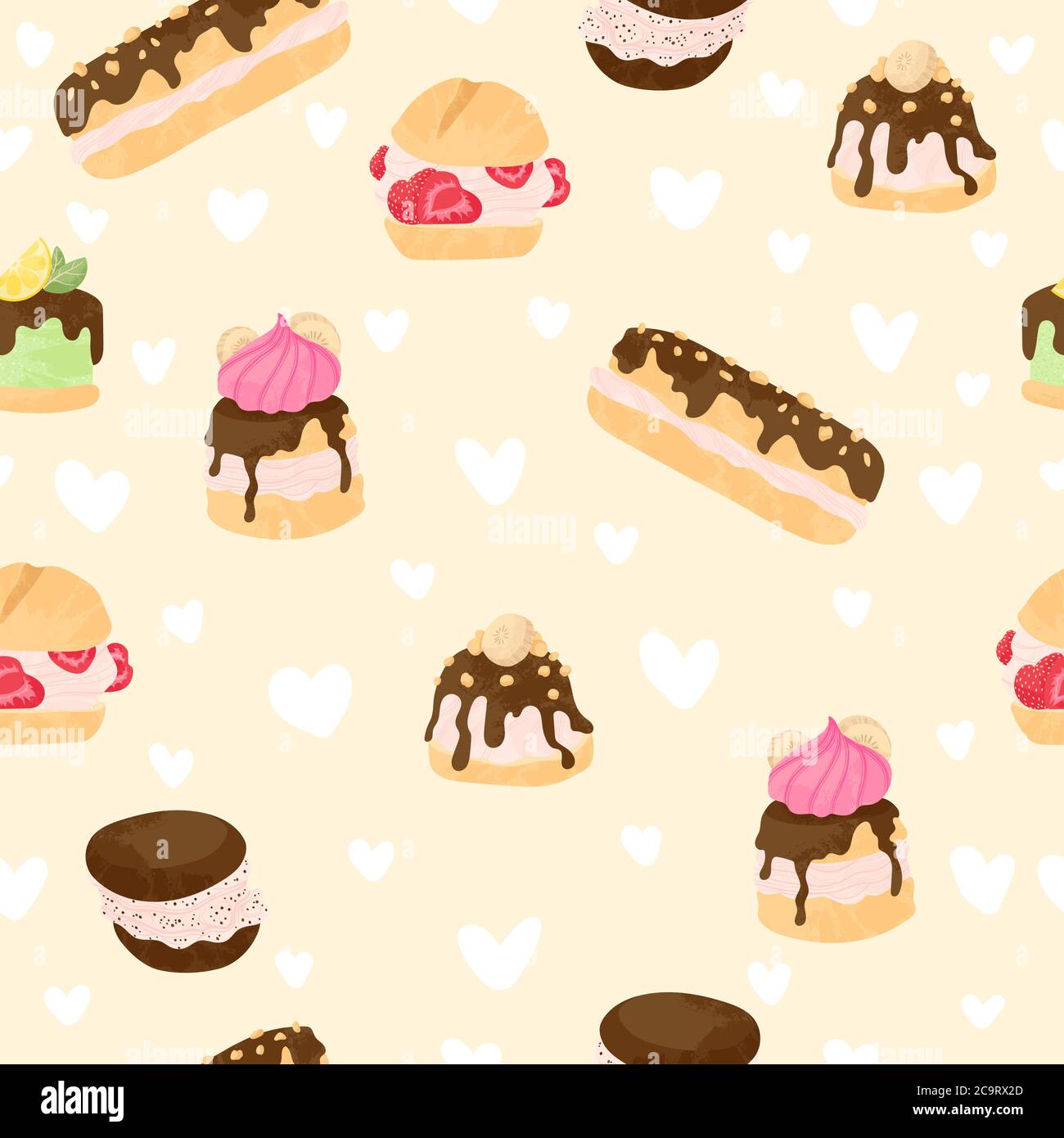 Various cake, eclair and profiterole vector seamless pattern in flat cartoons style.  Cute colorful dessert with chocolate, berries and fruits on beig Stock Vector