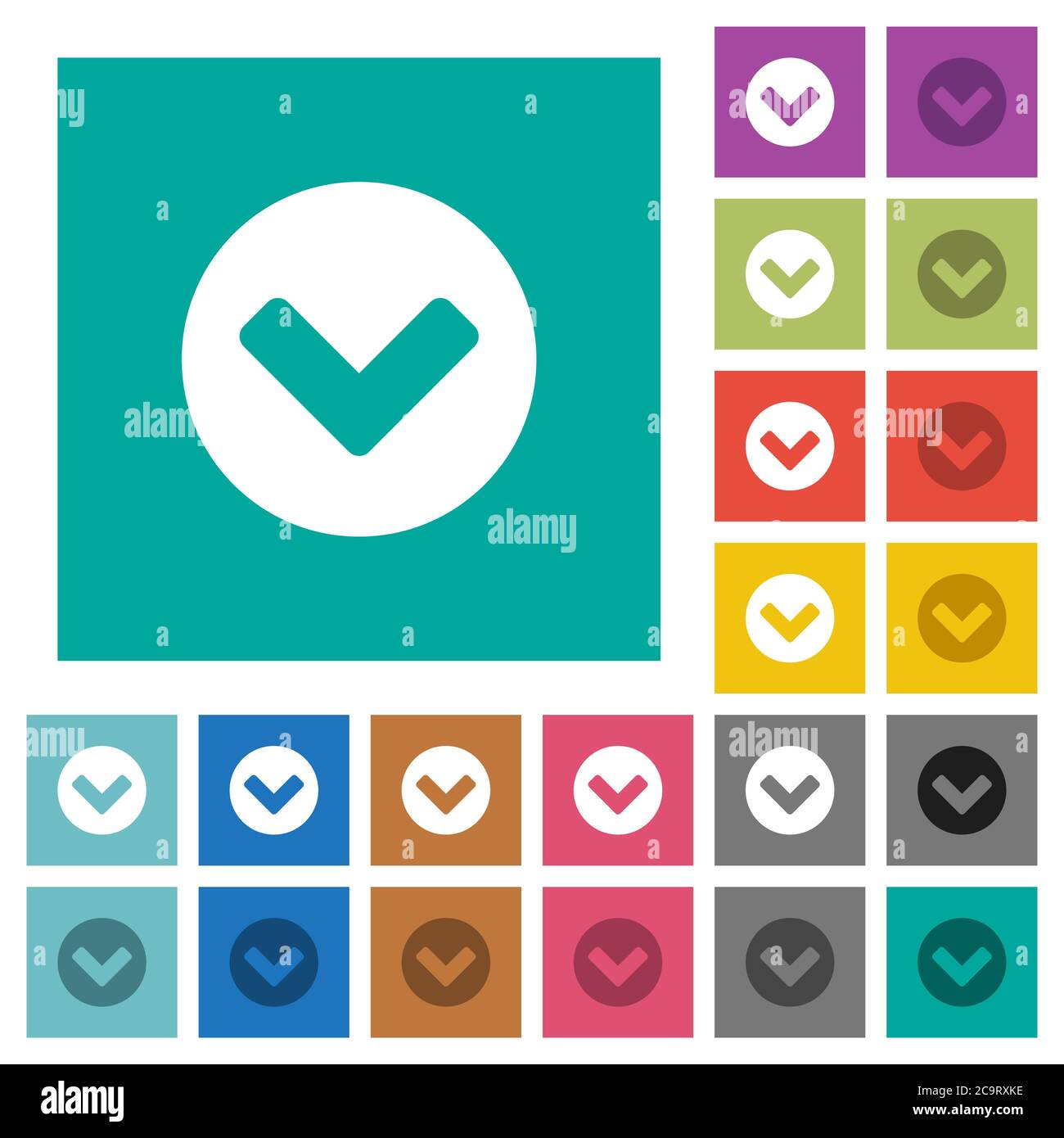 Chevron down multi colored flat icons on plain square backgrounds. Included white and darker icon variations for hover or active effects. Stock Vector