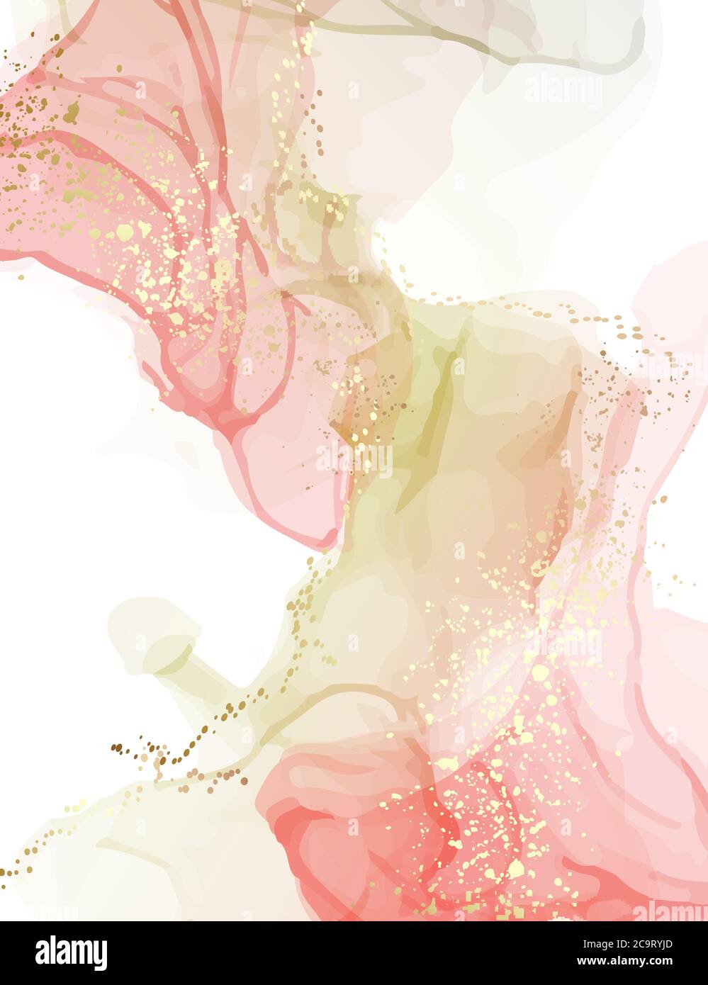 Watercolor resin art pinting, fine art alcohol ink Pink green gold