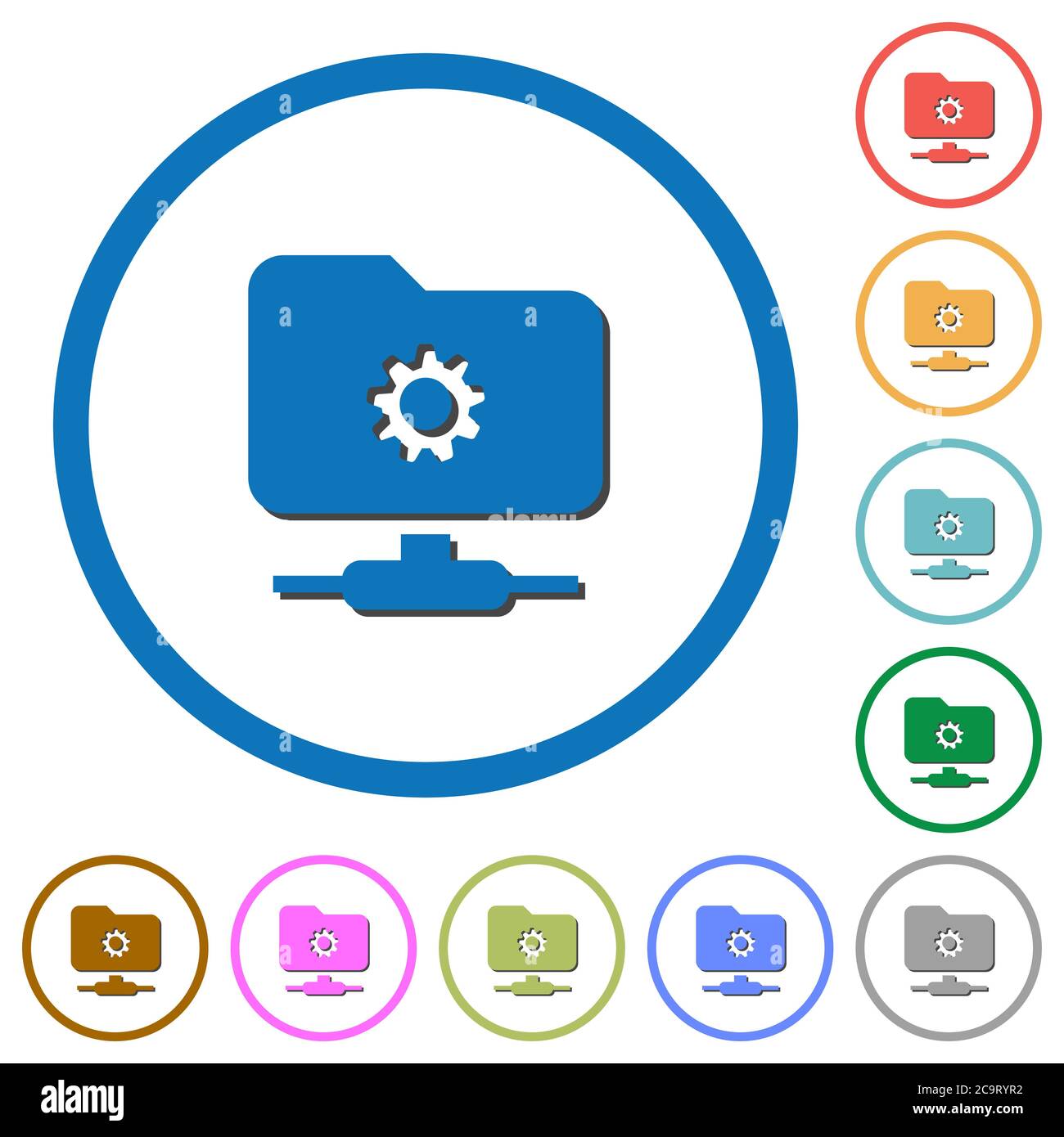 FTP settings flat color vector icons with shadows in round outlines on ...