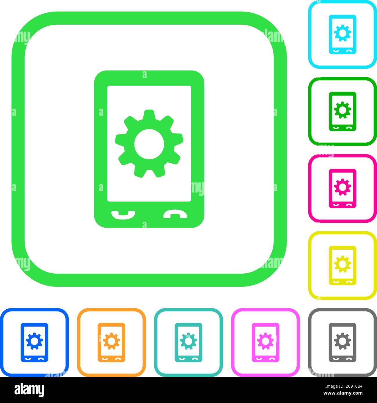 Mobile settings vivid colored flat icons in curved borders on white ...
