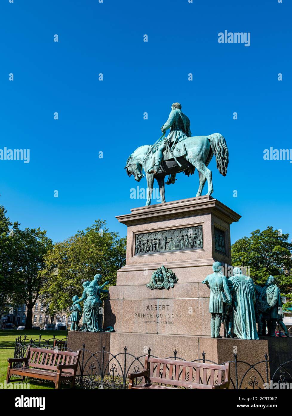 Prince Albert bronze equestrian statue by Sir John Steell, Charlotte Square Gardens, Edinburgh, Scotland, UK Stock Photo