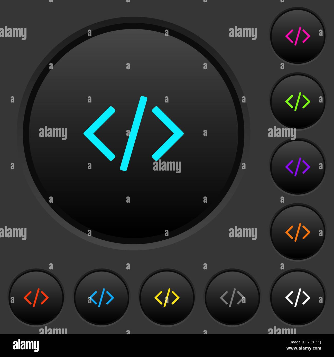 Script code dark push buttons with vivid color icons on dark grey background Stock Vector