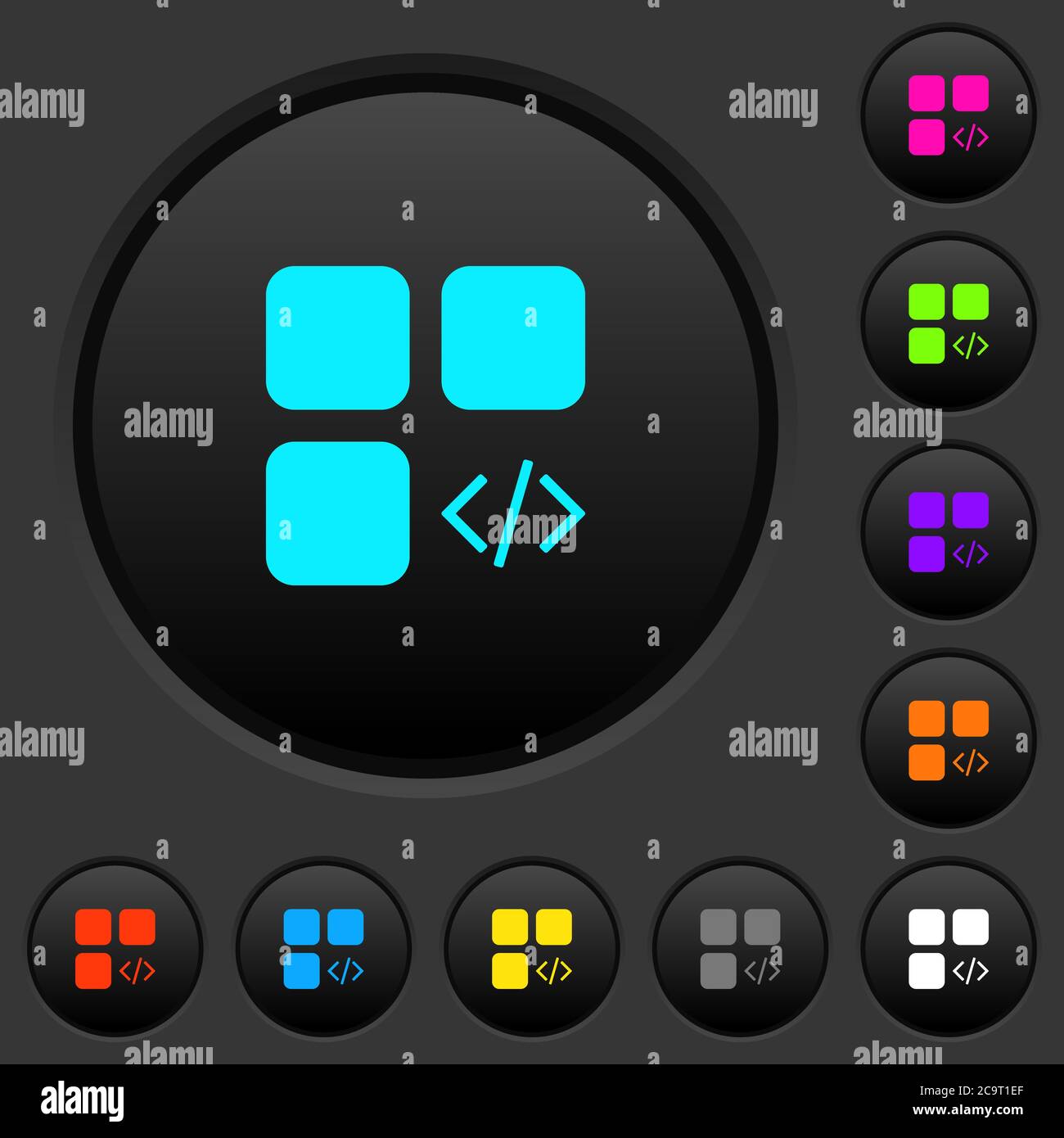 Component programming dark push buttons with vivid color icons on dark grey background Stock Vector