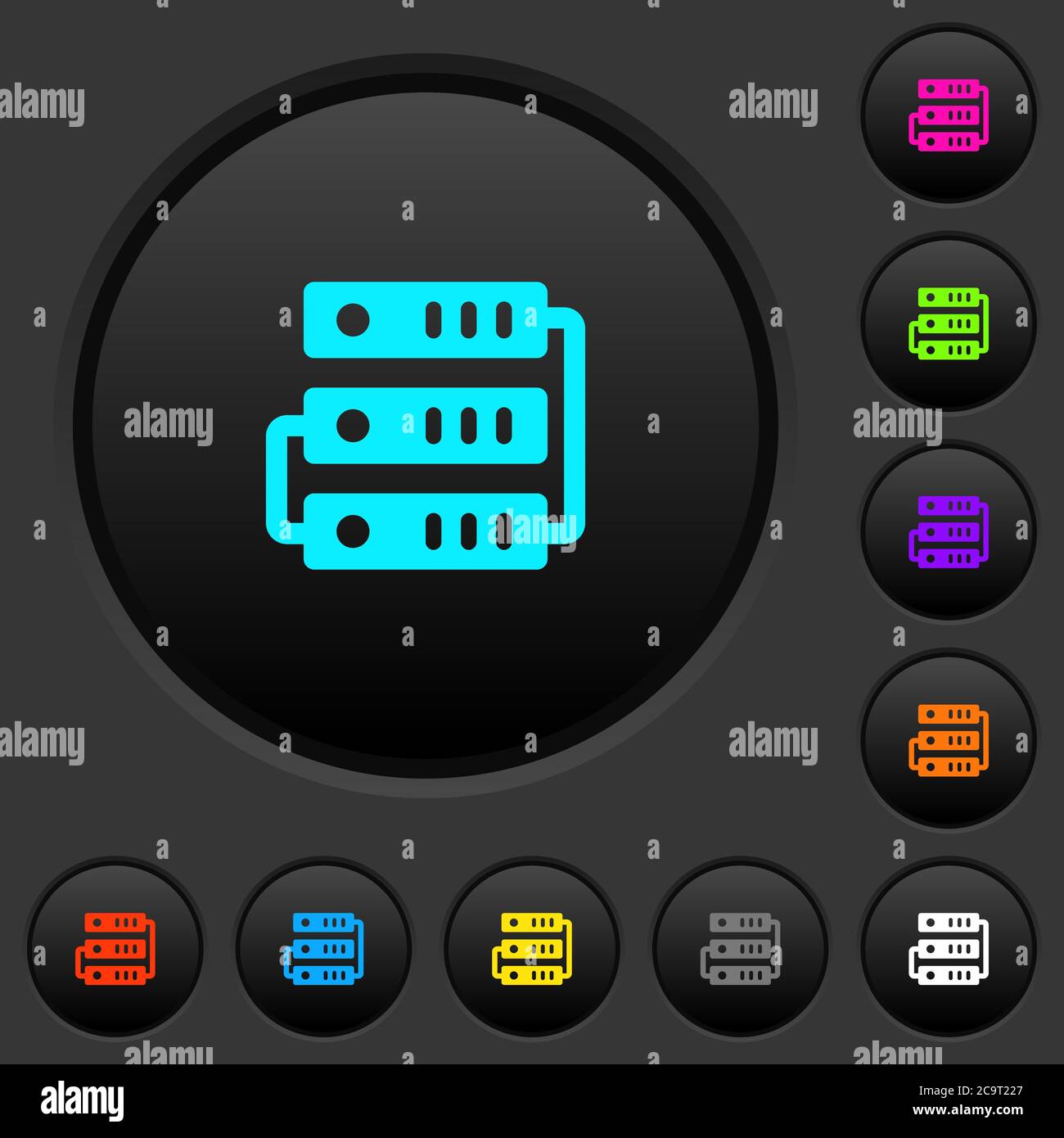 Connected servers dark push buttons with vivid color icons on dark grey ...