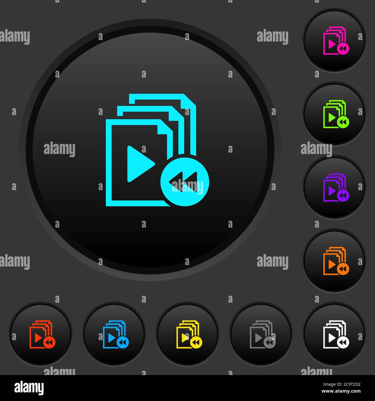 Playlist fast backward dark push buttons with vivid color icons on dark grey background Stock Vector