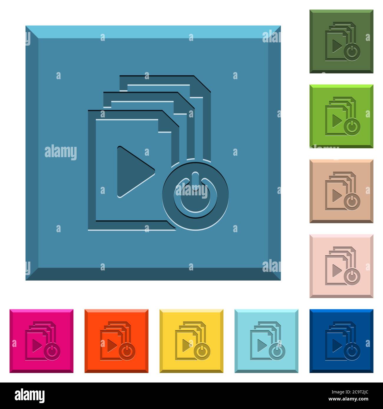 Exit from playlist engraved icons on edged square buttons in various trendy colors Stock Vector