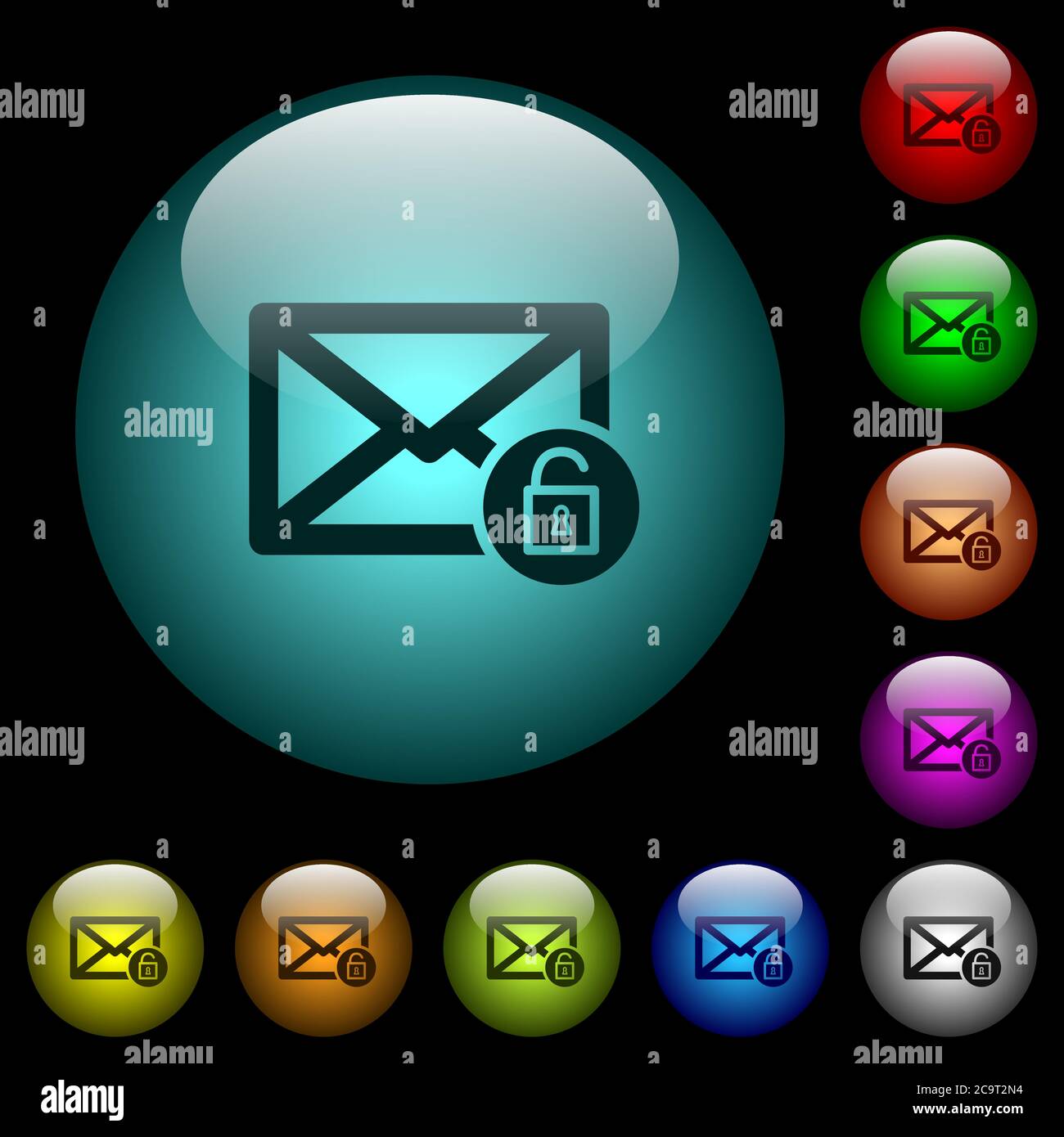 Unlock mail icons in color illuminated spherical glass buttons on black ...