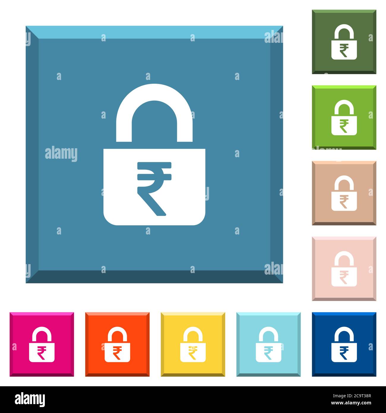 Locked rupees white icons on edged square buttons in various trendy ...