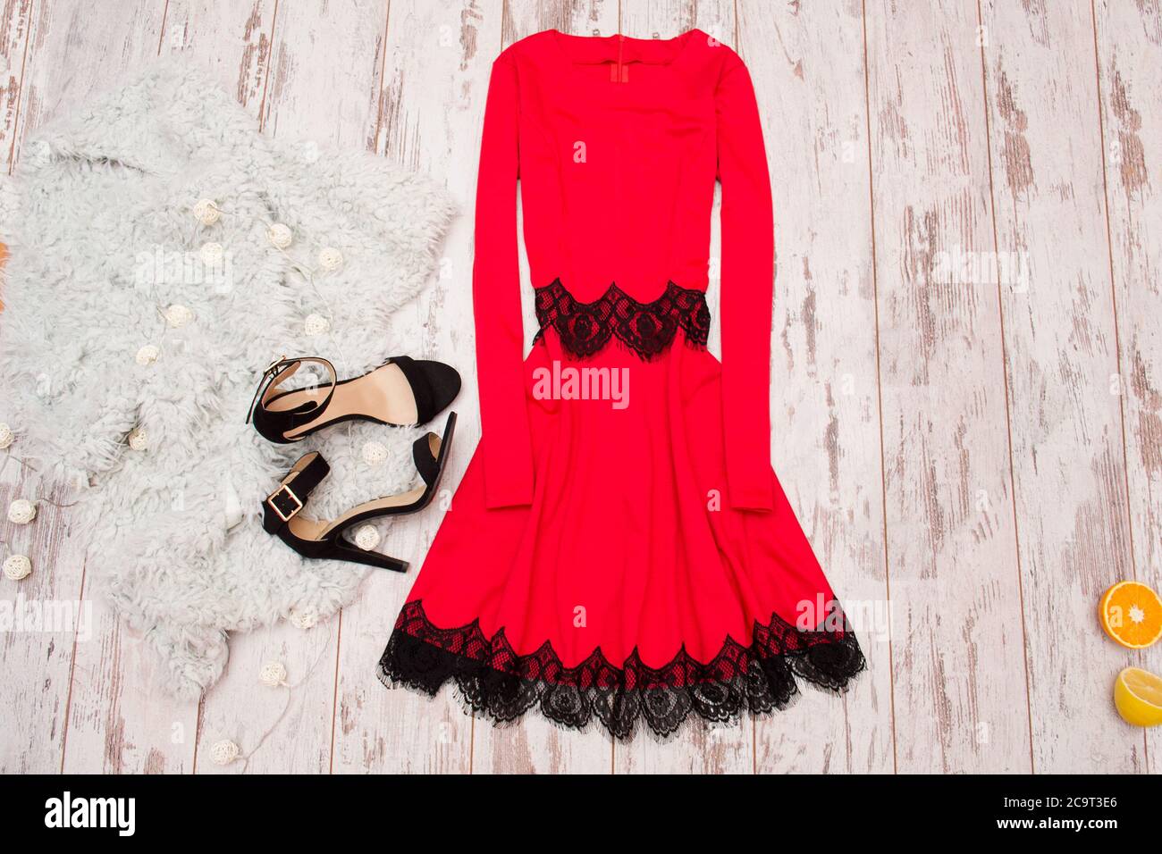 Woman black dress red shoes hi-res stock photography and images - Alamy