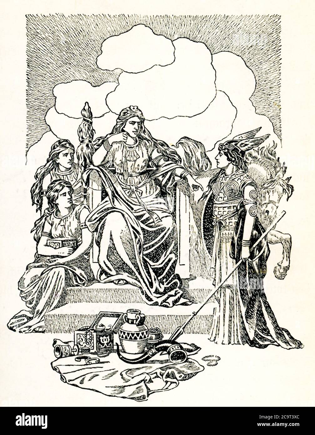 This illustration shows a Valkyrie before the goddess Freya. In  Norse mythology, the Valkyries came to battlefield, chose those who would die, and carried them back to Valhalla. In Norse mythology, Freya, also spelled Freyja, was the goddess of fertility, love and marriage, and light and peace. Her brother was Freyr. Stock Photo
