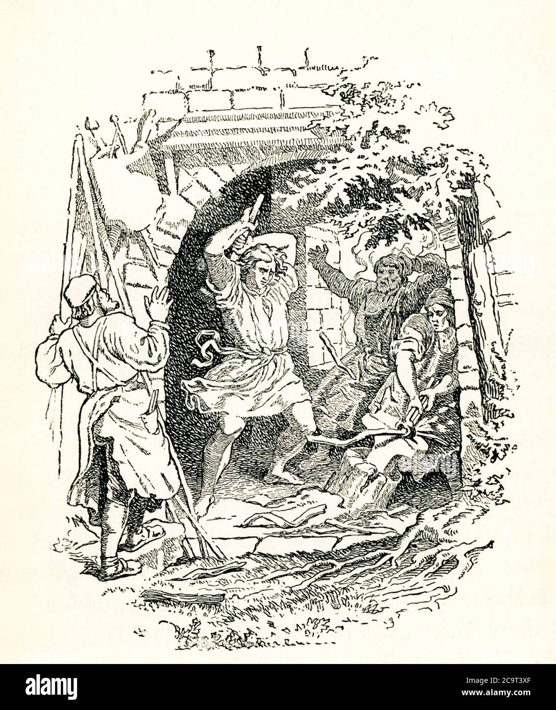 This illustration shows the Germanic hero Siegfried swinging the hammer with his powerful strength. Prince Siegfried (also known as Sigurd), the famed hero of Germanic mythology, was the son of King Siegmund of the Netherlands. His wife was Kriemhild, the heroine of the Nibelungenlied. In Germanic legends she is also called Gudrun, and in Wagner's Der Ring des Nibelungen she is known as Gutrune. In Norse mythology she was the sister of Gunnar. Revenge, intrigue, sibling rivalry all play a role in Gunnar's killing of Siegfried. Stock Photo