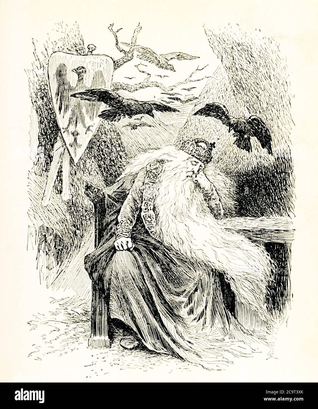 This illustration shows the sleeping Barbarossa in the Kyffhauser mountains. Frederick Barbarossa, also known as Frederick I, was the Holy Roman Emperor from 2 January 1155 until his death 35 years later. According to legend, the emperor Barbarossa remains sleeping under the Kyffhäuser Mountain and will someday rise again when Germany needs his leadership. The Kyffhäuser Monument,  also known as Barbarossa Monument, is an Emperor William monument within the Kyffhäuser mountain range in the German state of Thuringia. Stock Photo