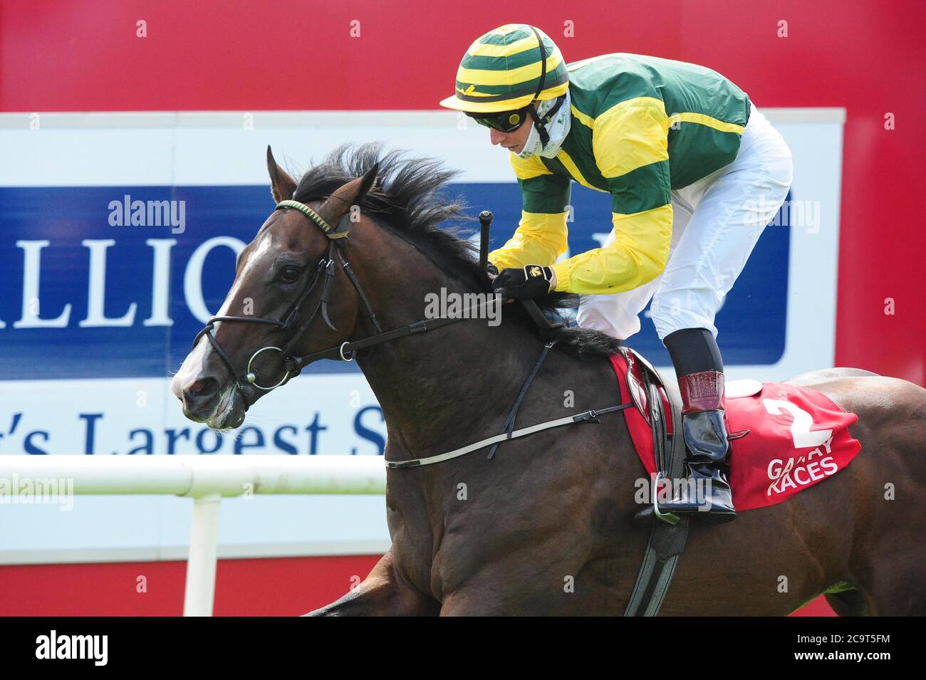 Fourhometwo ridden by Shane Kelly win The Lord Hemphill Memorial Irish EBF Median Auction Maiden during day seven of the 2020 Galway Races Summer Festival at Galway Racecourse. Stock Photo