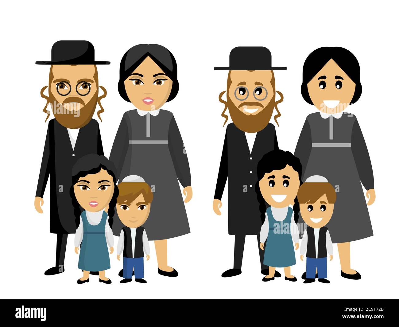 Happy jewish family in national dress. Ethnic. Children and parents. Parenting. Father, mother, kids, son, daughter. Dad, daddy. Mom. Kid. Brother Stock Vector