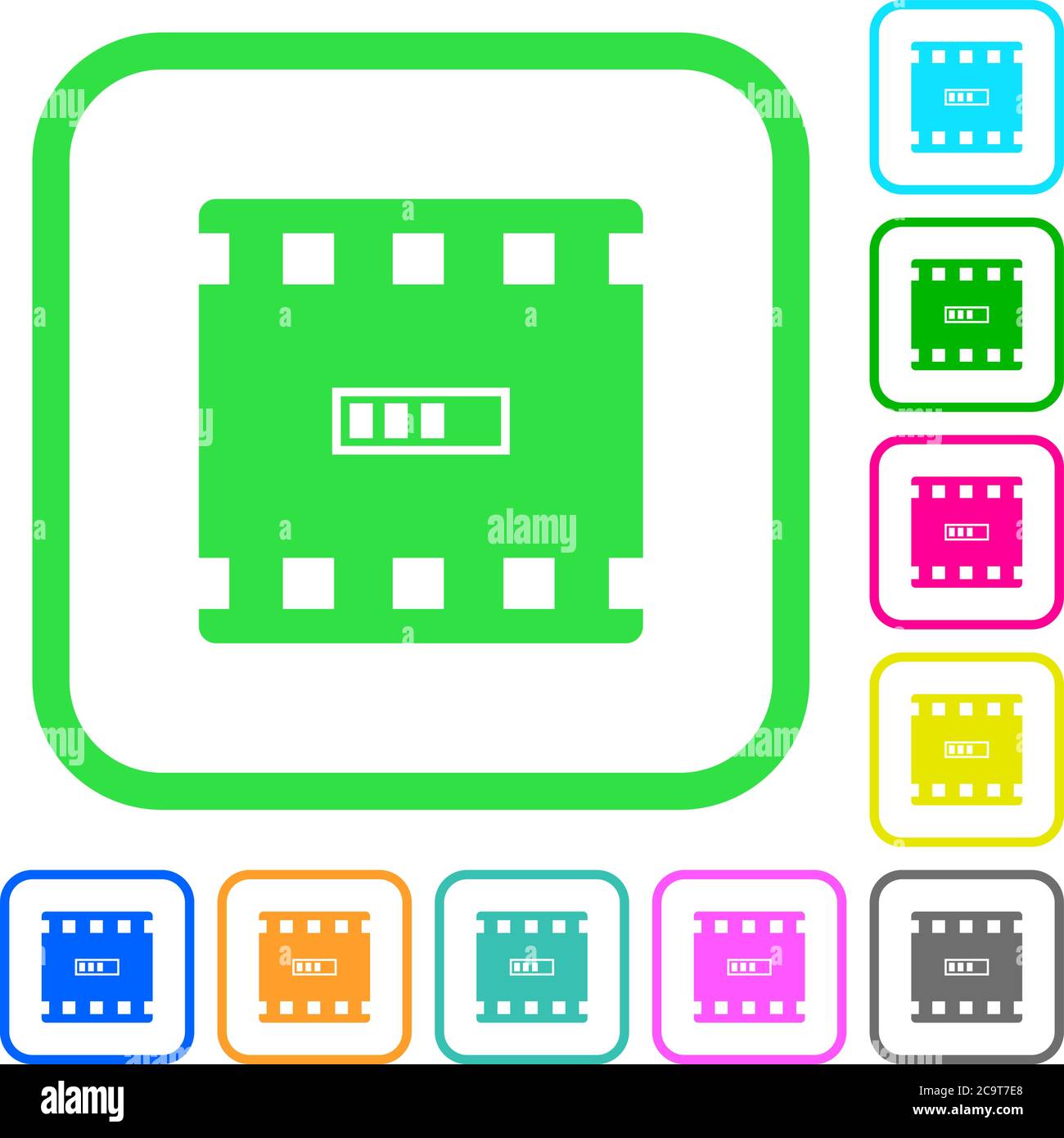 Movie processing vivid colored flat icons in curved borders on white ...