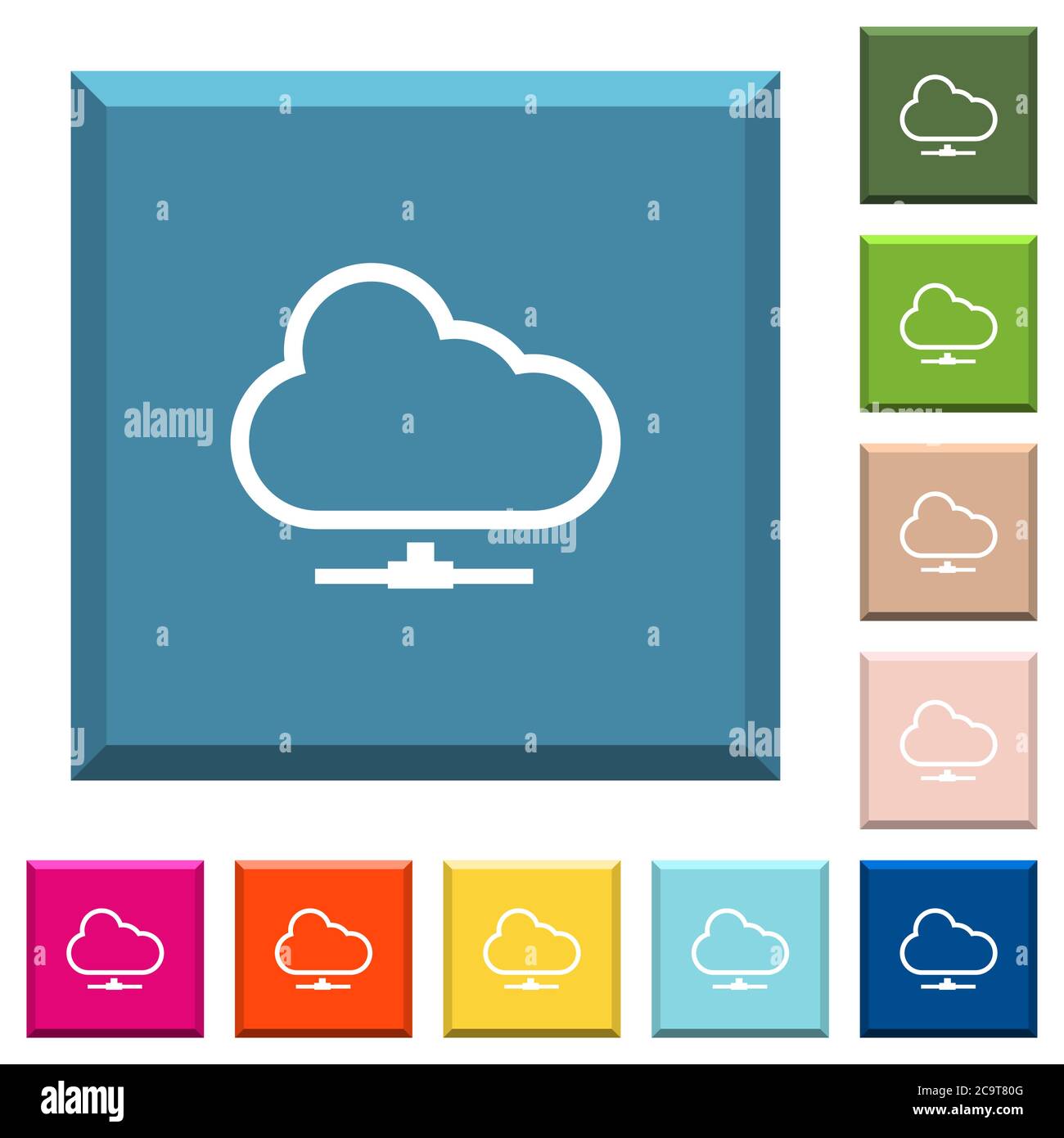 Cloud network white icons on edged square buttons in various trendy ...