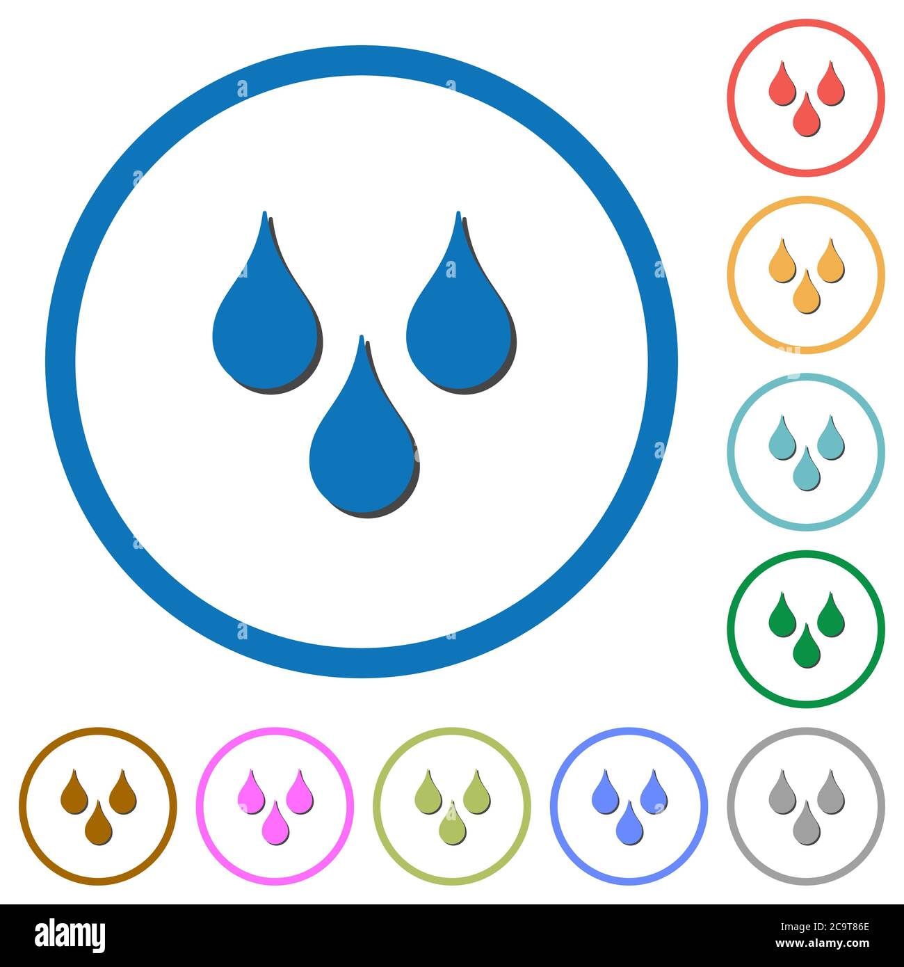 Water drops flat color vector icons with shadows in round outlines on ...