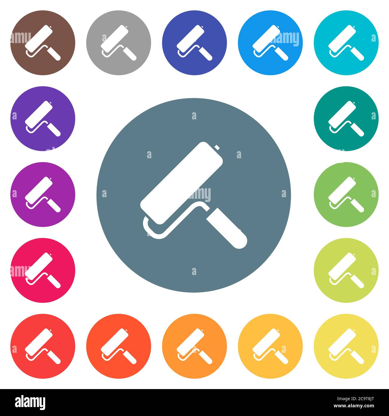 Paint roller flat white icons on round color backgrounds. 17 background ...