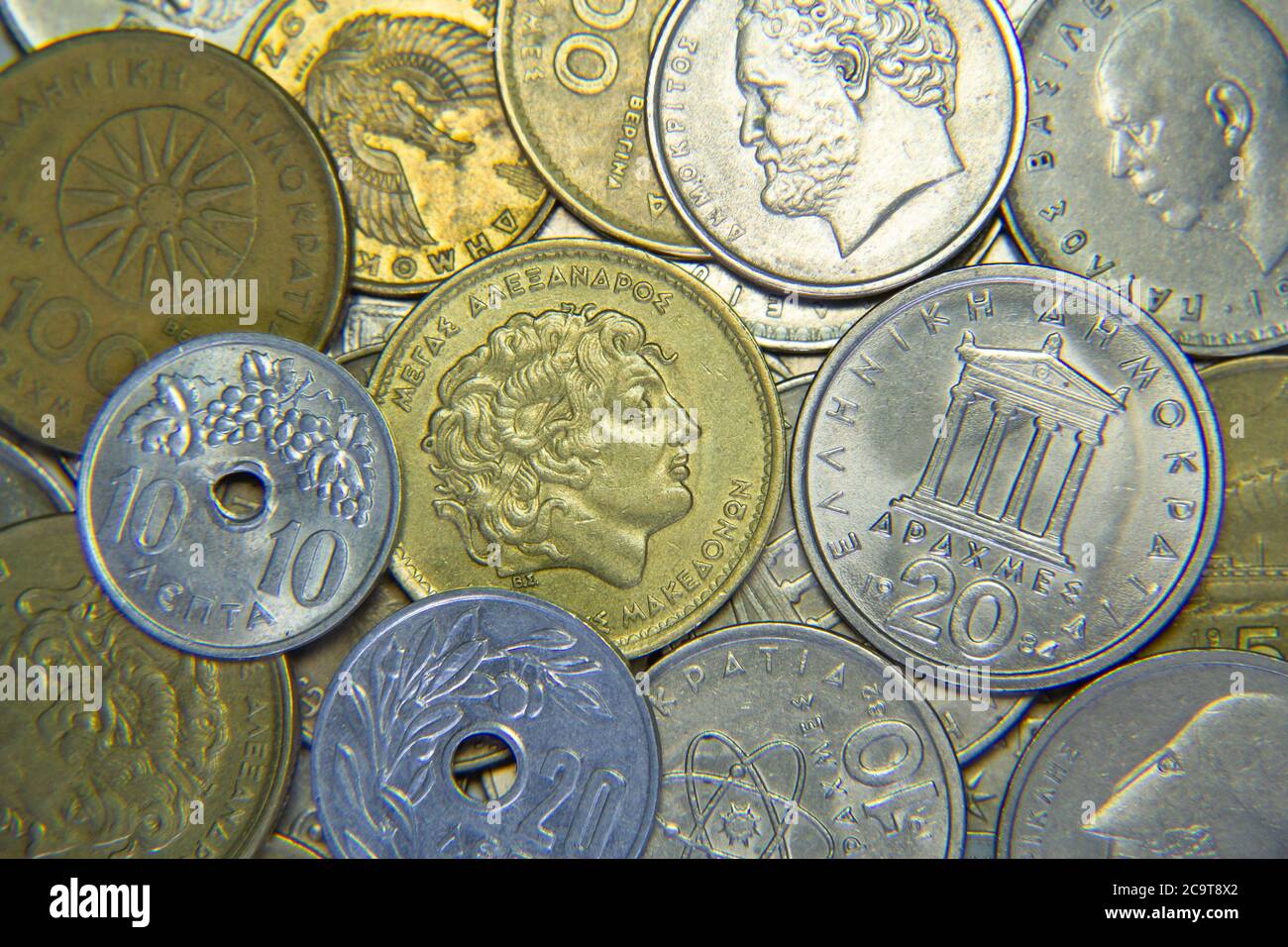 Huge pile of the greek coins Stock Photo