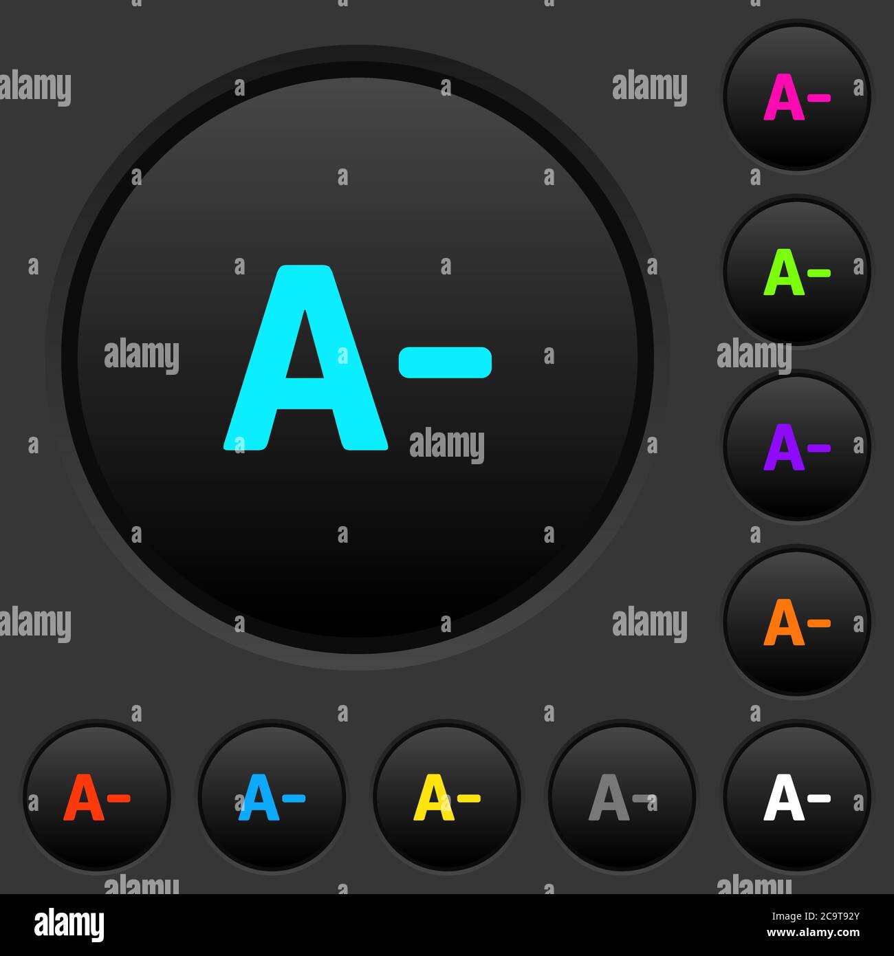 Decrease font size dark push buttons with vivid color icons on dark grey background Stock Vector