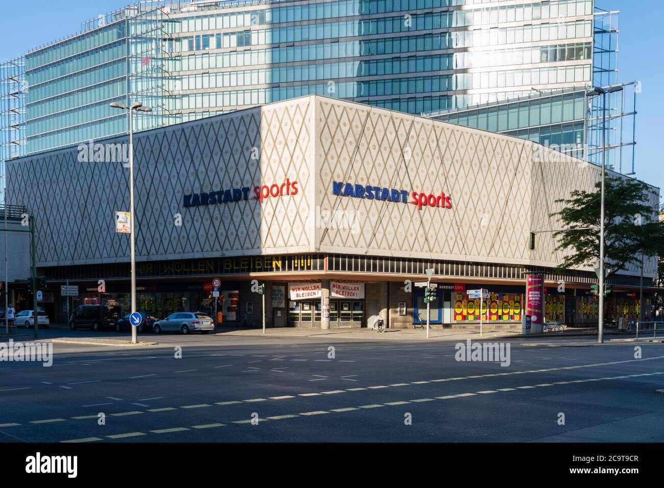 Karstadt Sports with employee banners shortly before closing in landscape format Stock Photo