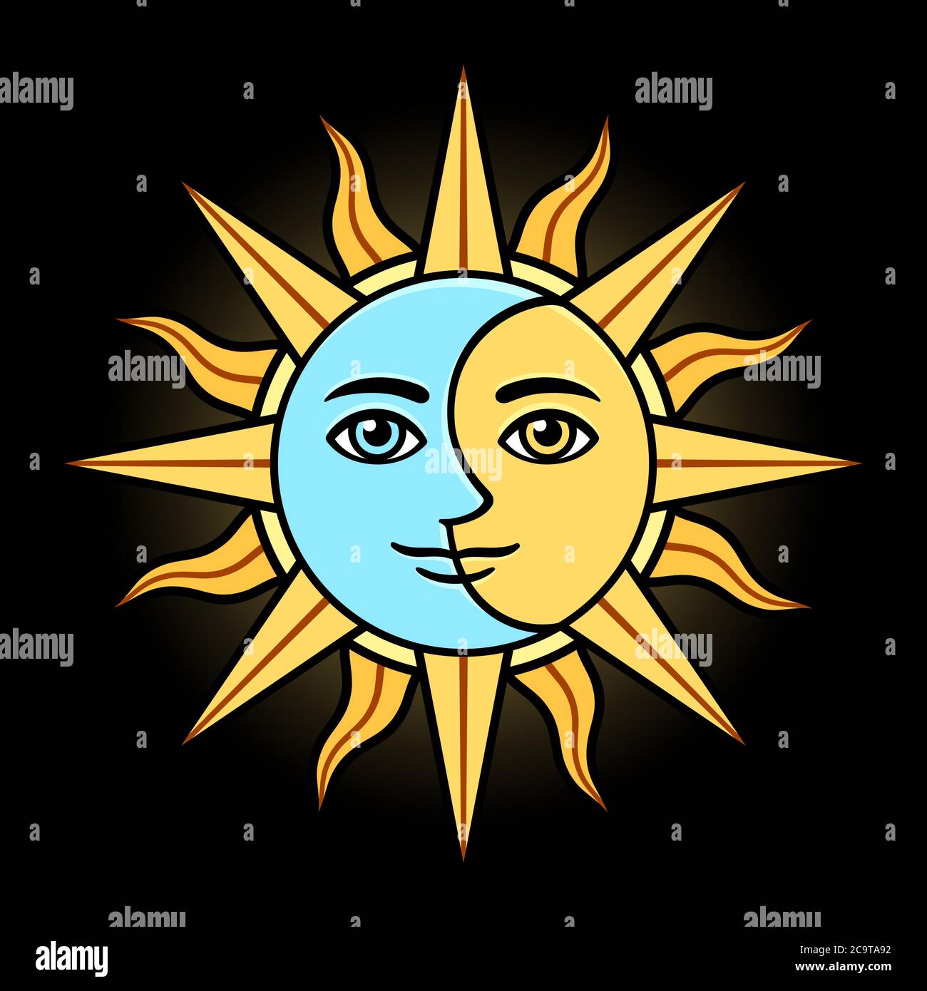 Stylized half sun half moon face, color drawing on black background. Vintage boho design element, magic symbol. Vector clip art illustration. Stock Vector