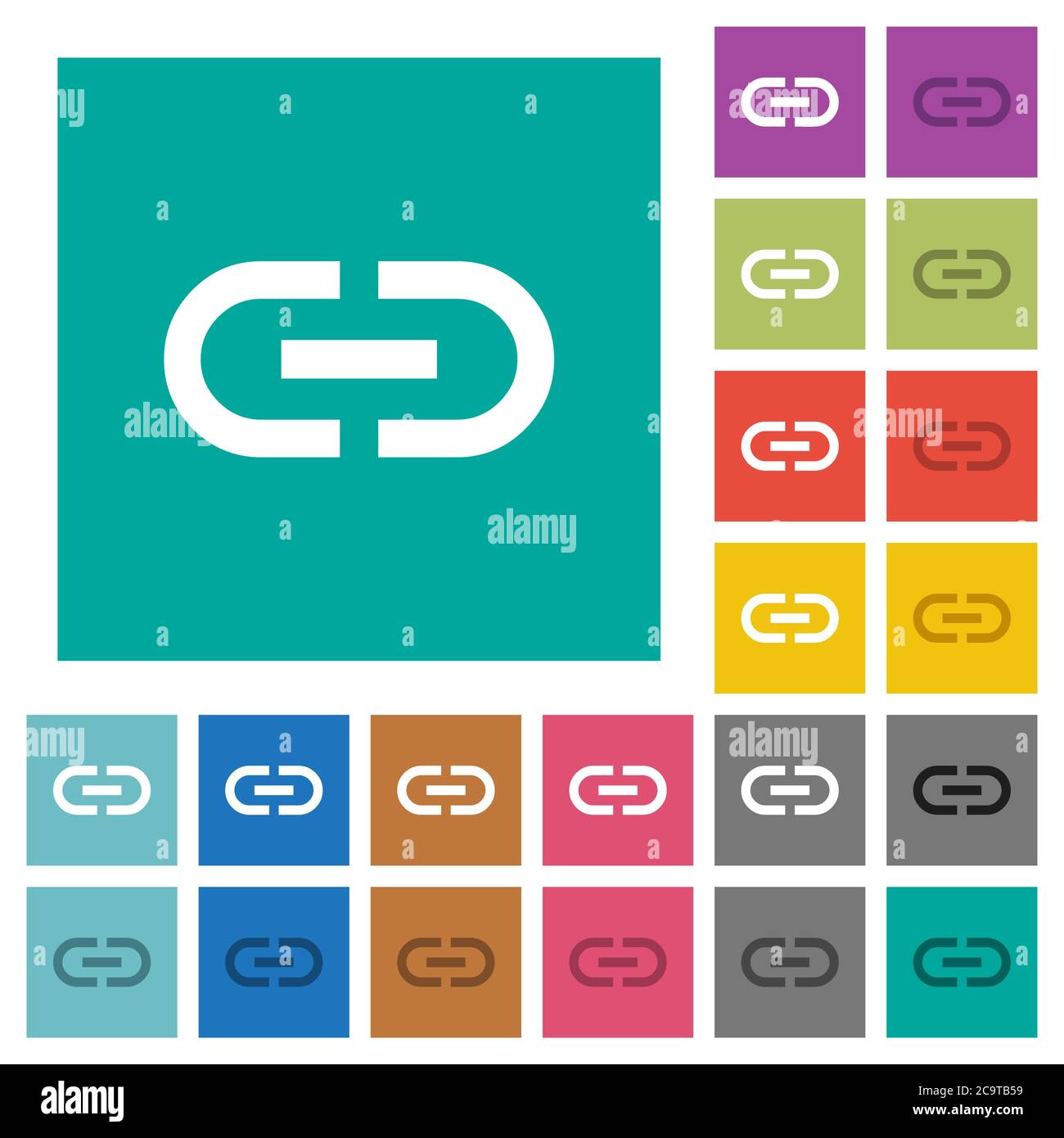 Insert link multi colored flat icons on plain square backgrounds. Included white and darker icon variations for hover or active effects. Stock Vector