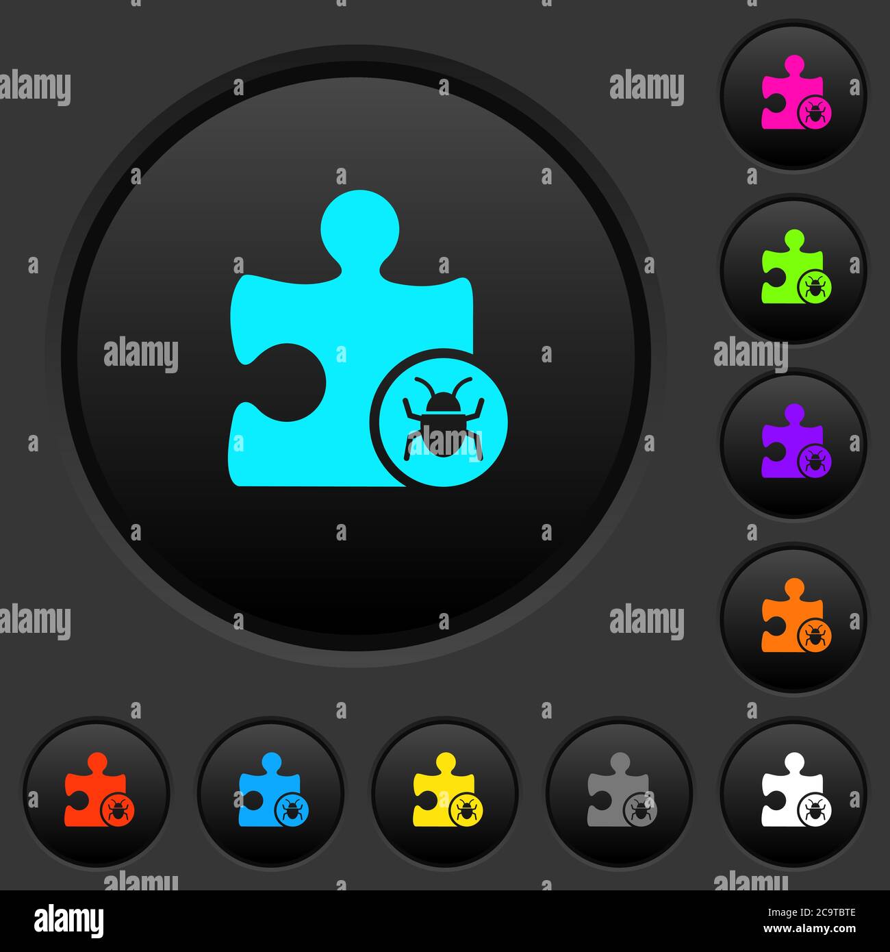 Plugin bug dark push buttons with vivid color icons on dark grey background Stock Vector