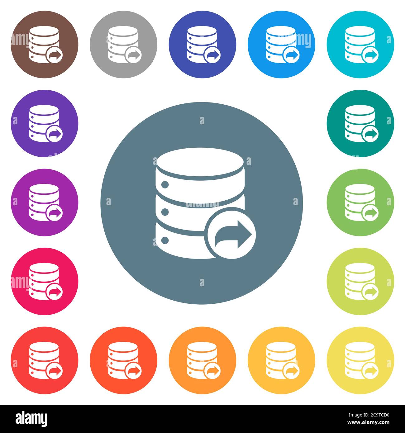 Database transaction commit flat white icons on round color backgrounds. 17 background color variations are included. Stock Vector