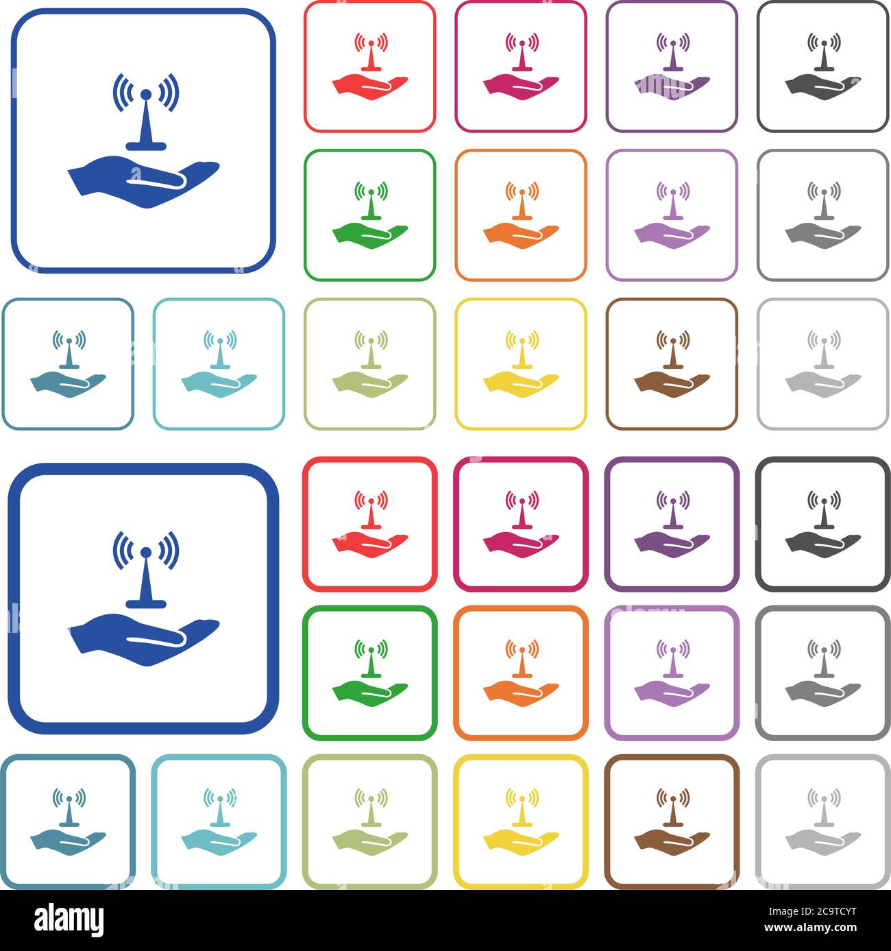 Sharing wireless network color flat icons in rounded square frames. Thin and thick versions included. Stock Vector