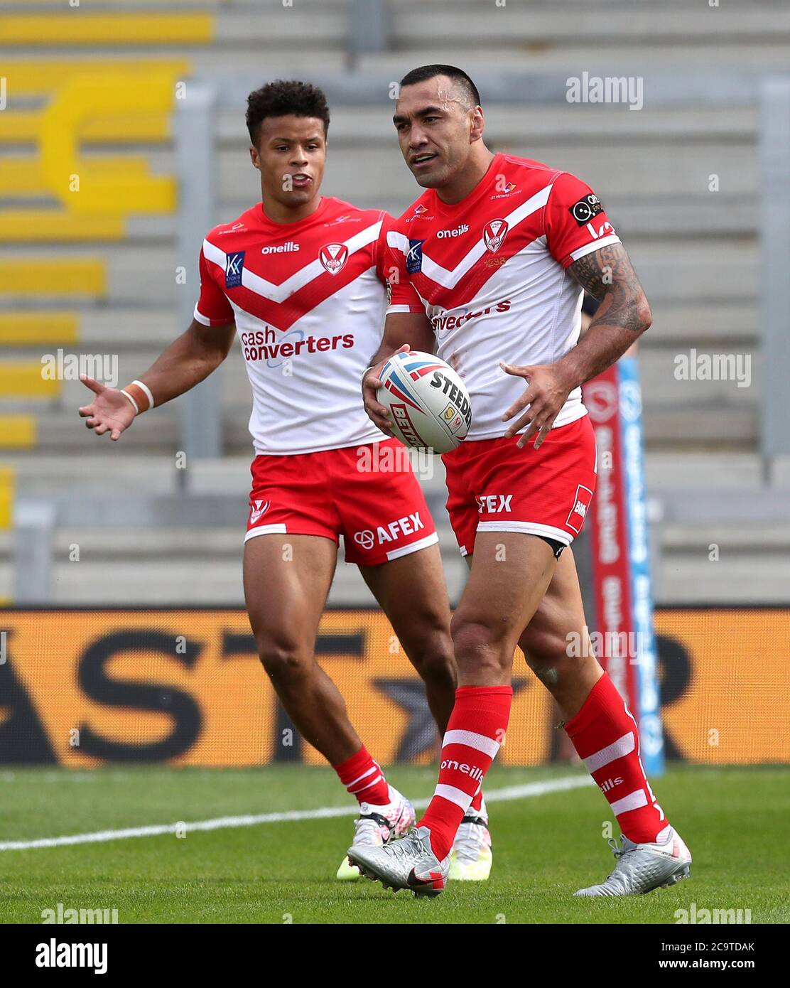St Helens' Zeb Taia celebrates scoring his sides second try during the Betfred Super League match at Emerald Headingley Stadium, Leeds. Stock Photo
