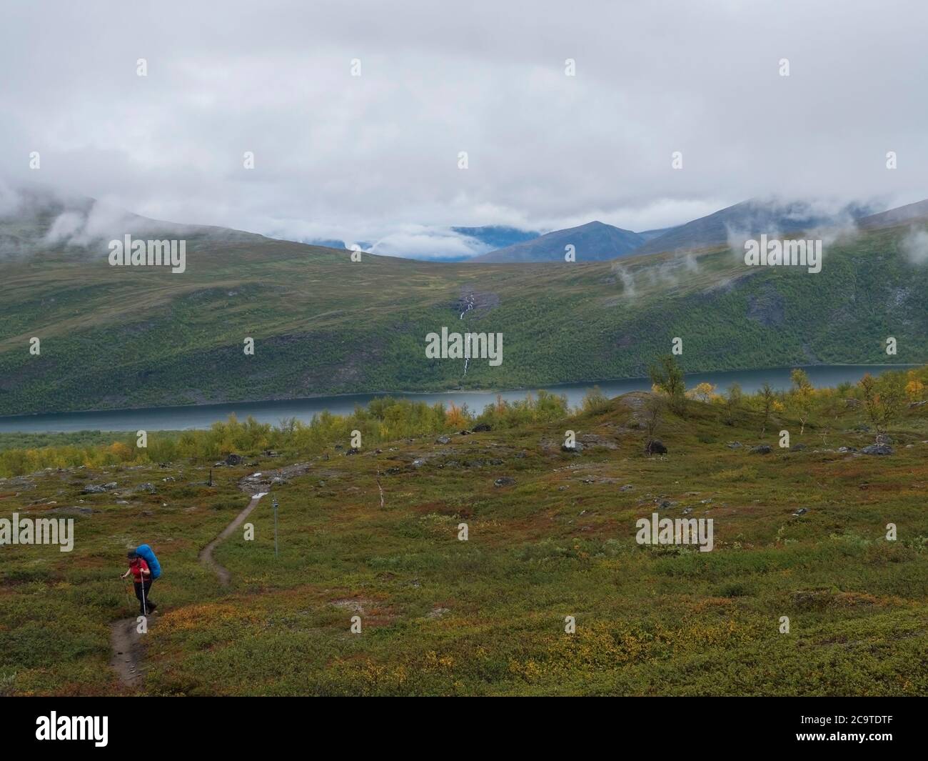 Senior woman hiker at Kungsleden hiking trail with Lapland nature with green mountains, Teusajaure lake, rock boulders, autumn colored bushes, birch t Stock Photo