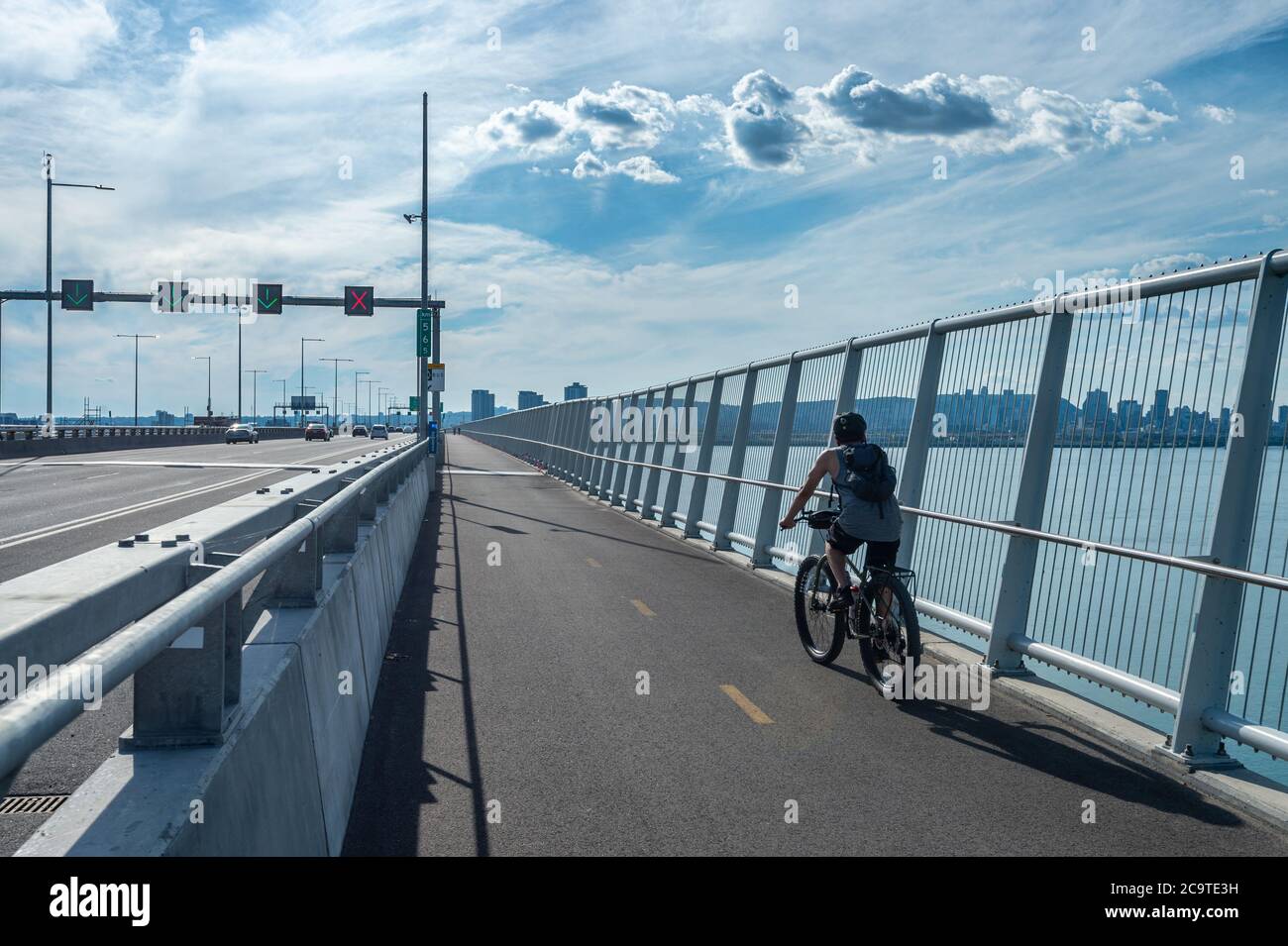 Montreal, CA - 31 July 2020: Multi-use pathway on new Samuel de Champlain Bridge Stock Photo